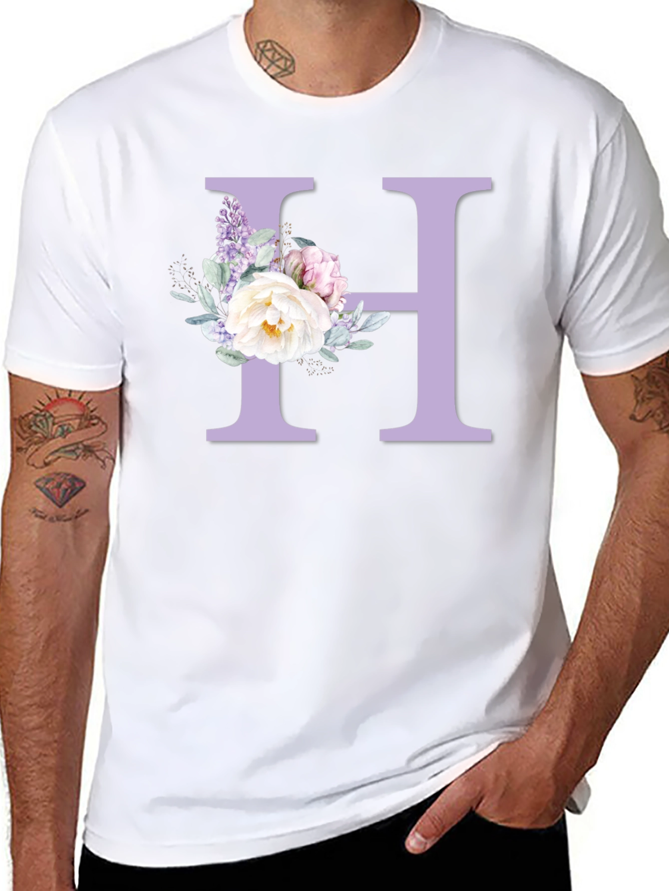 Floral Letter H Black T-shirt