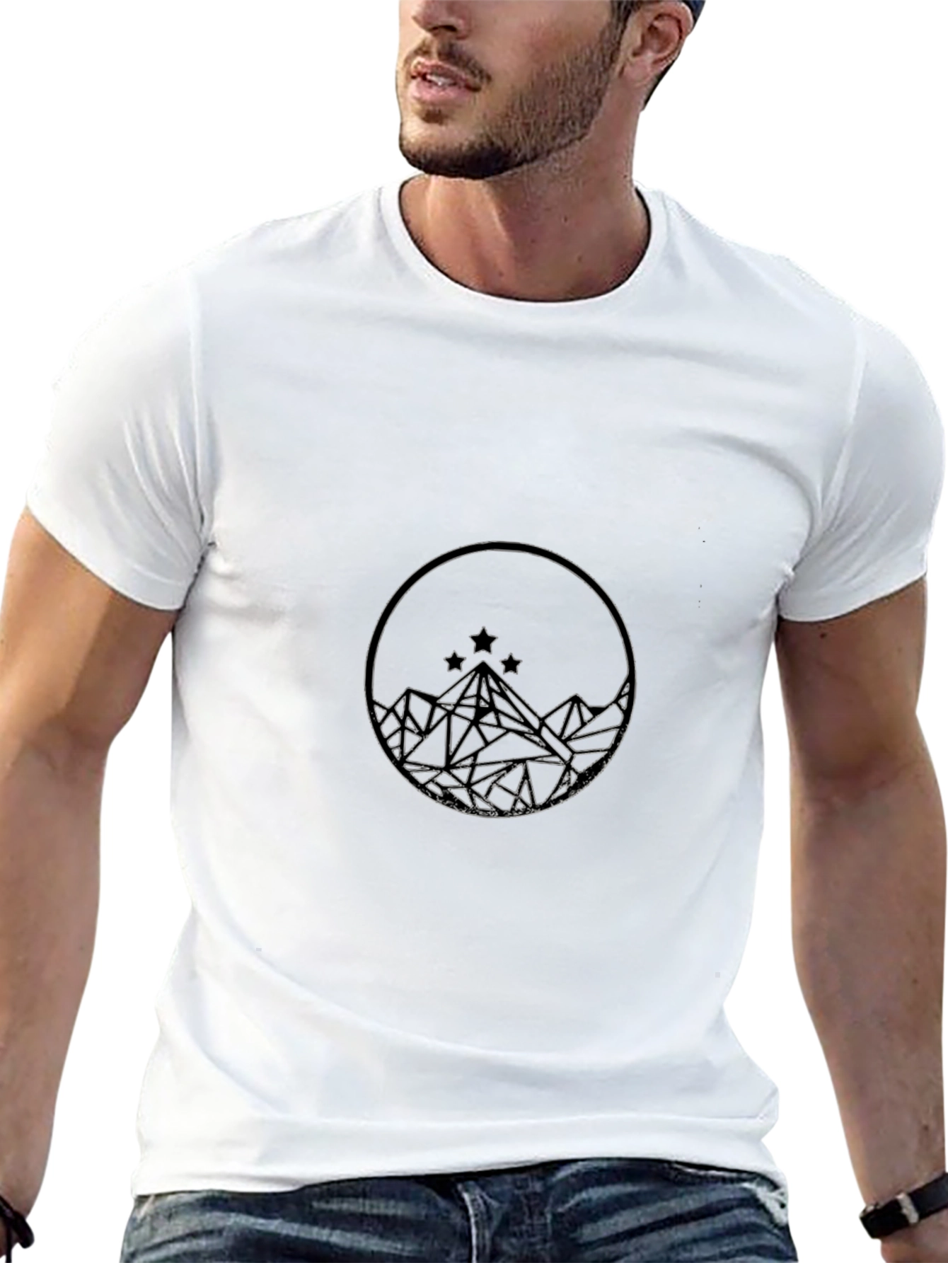 Geometric Mountain & Stars Graphic Black T-Shirt
