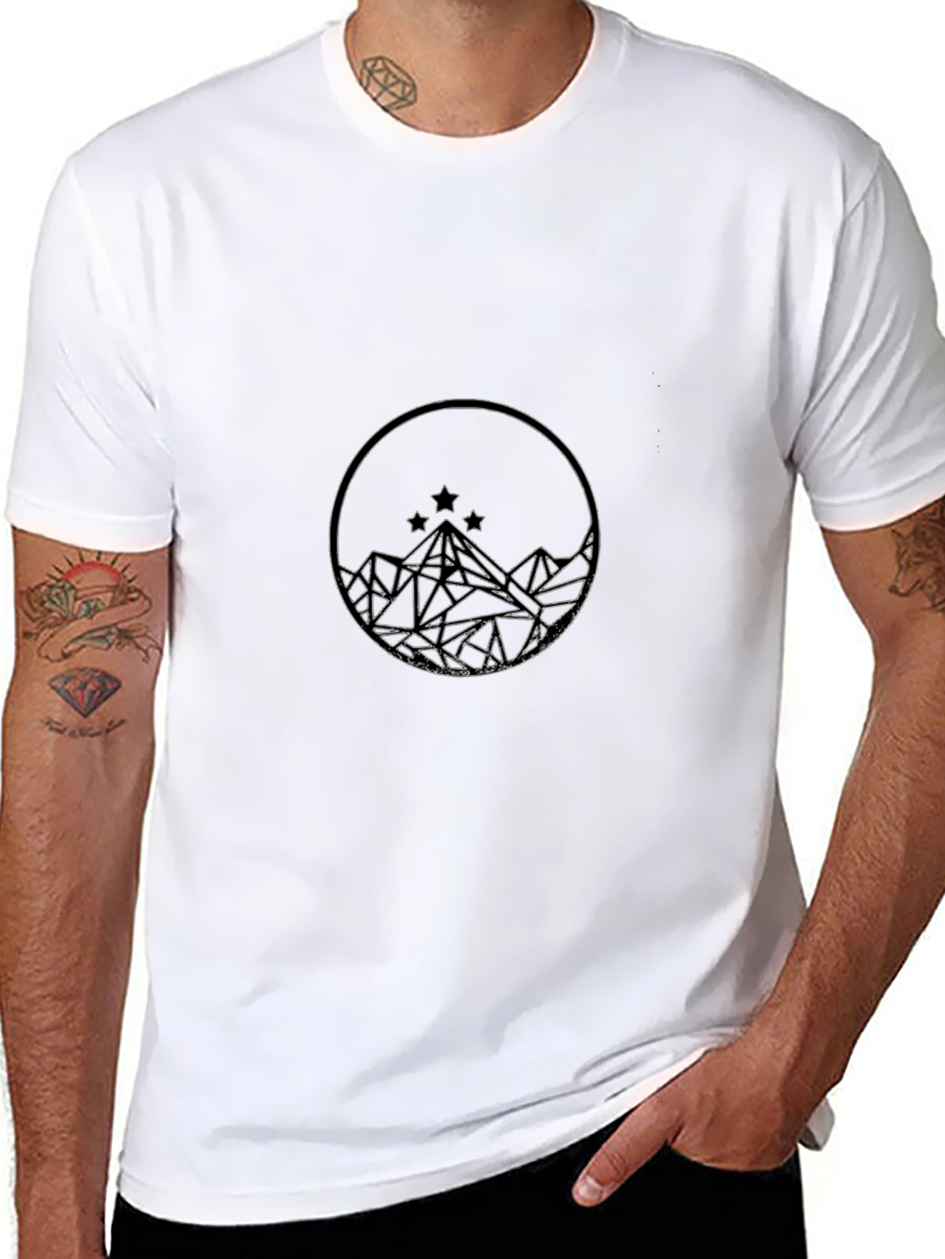 Geometric Mountain & Stars Graphic Black T-Shirt