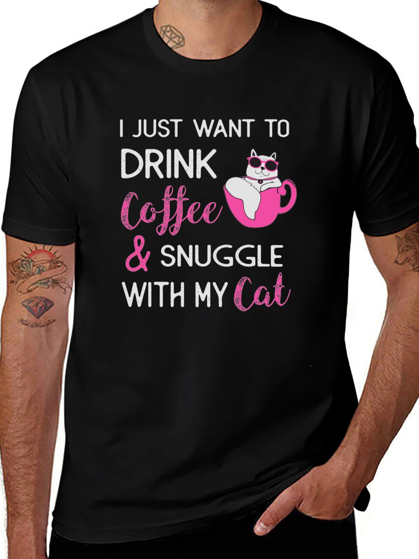 Cat & Coffee Snuggle Black T-Shirt