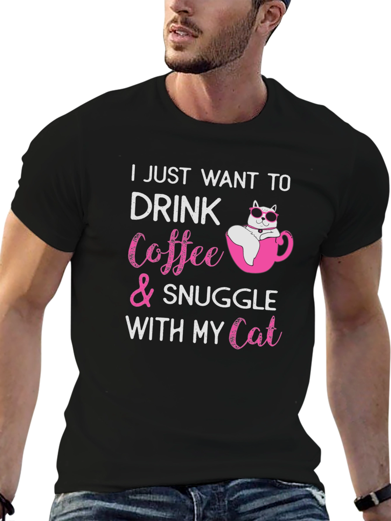 Cat & Coffee Snuggle Black T-Shirt