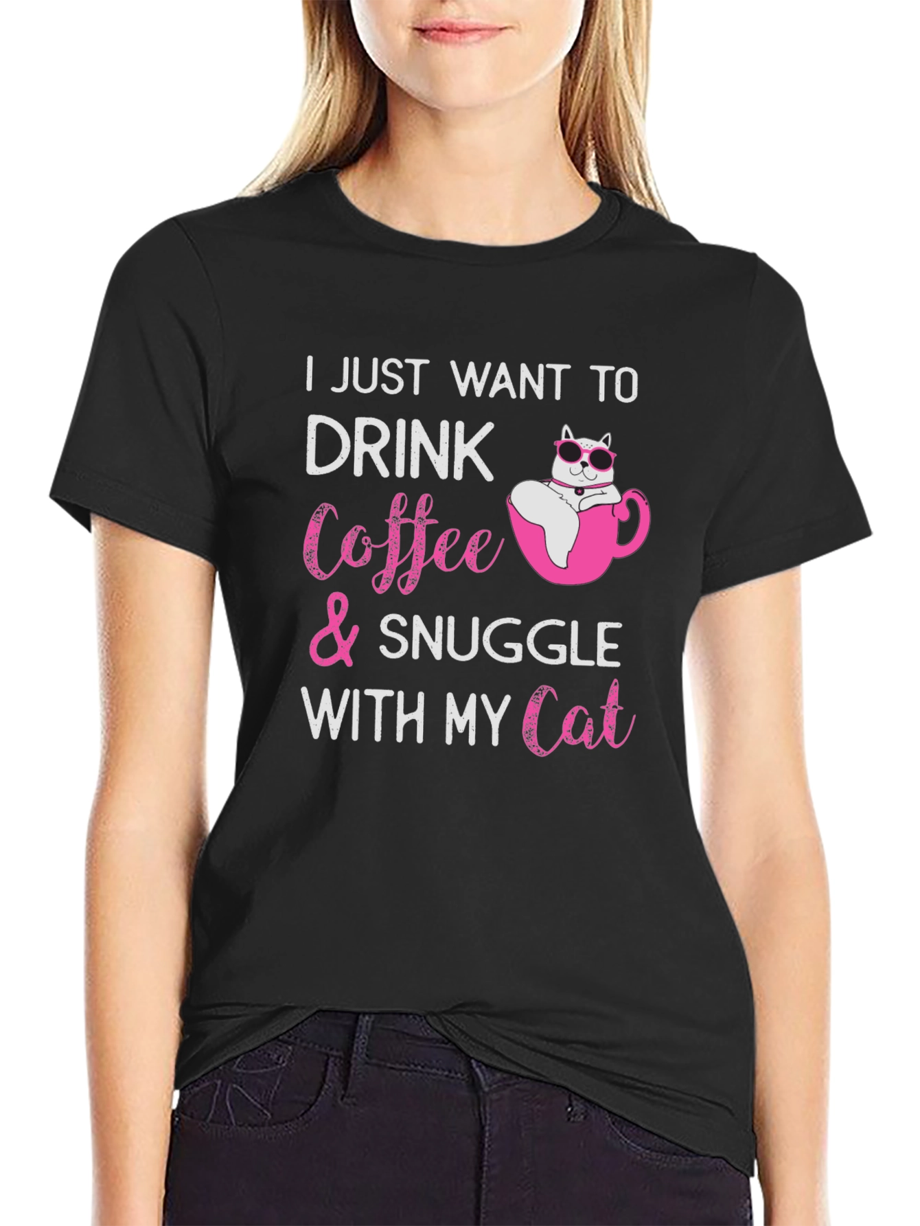 Cat & Coffee Snuggle Black T-Shirt
