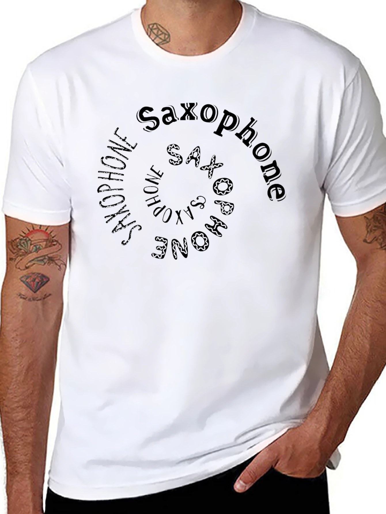 Saxophone Spiral Graphic Print Black T-Shirt