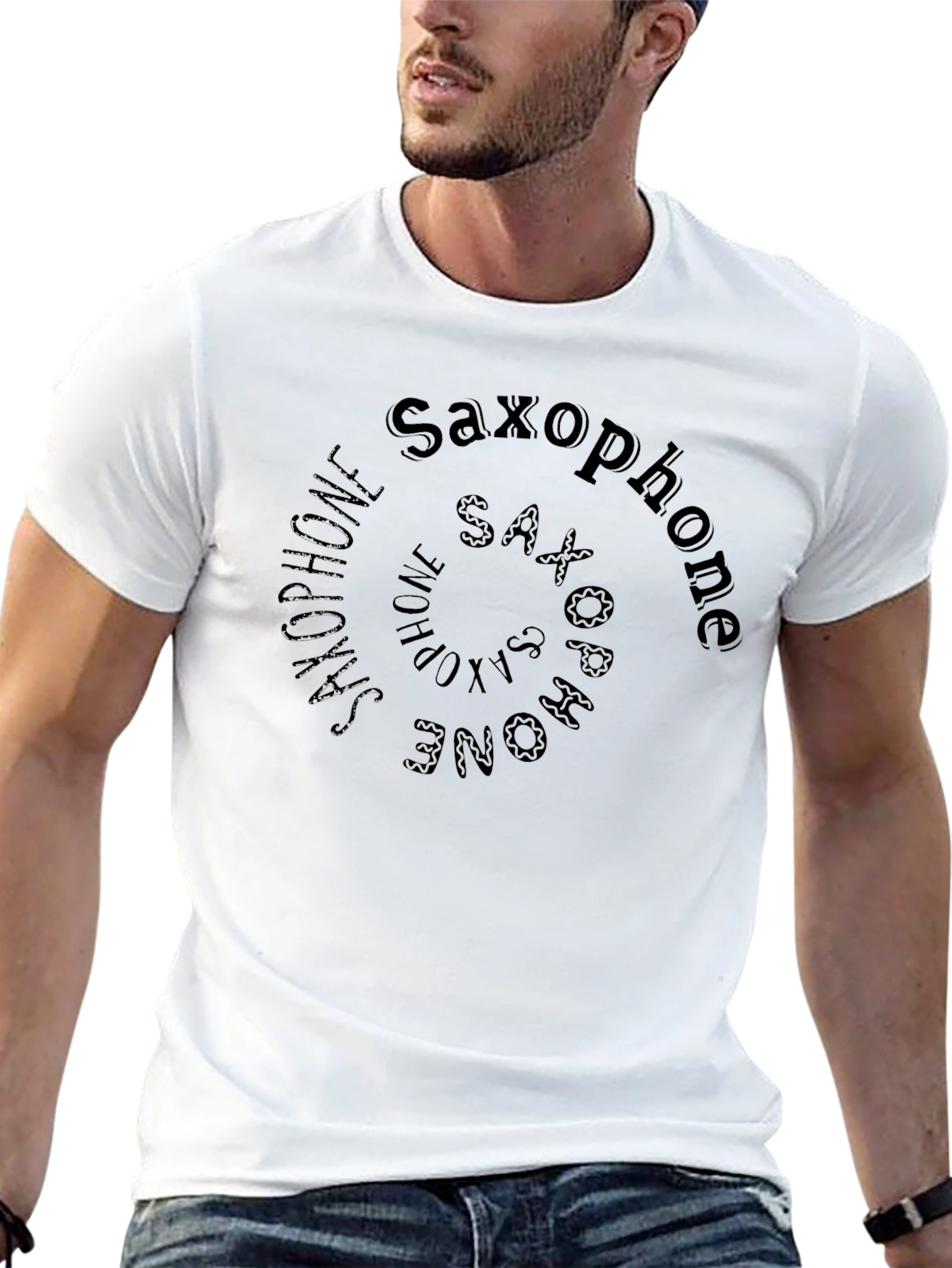 Saxophone Spiral Graphic Print Black T-Shirt