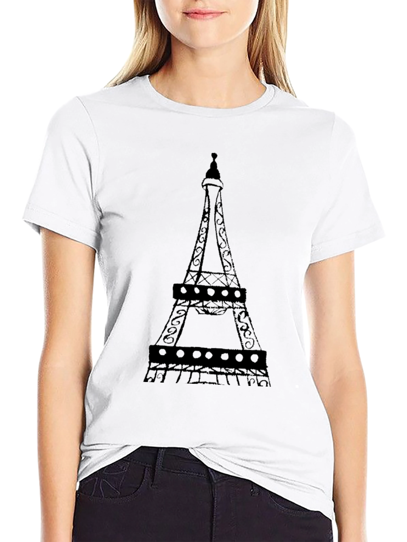 Eiffel Tower Graphic Tee - Black Cotton Casual Top