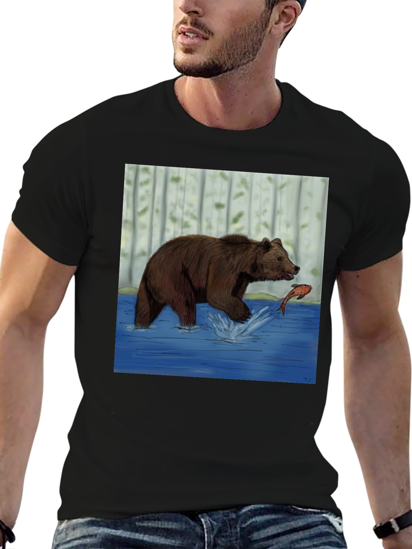 Bear and Fish Graphic Tee - Black Cotton Blend