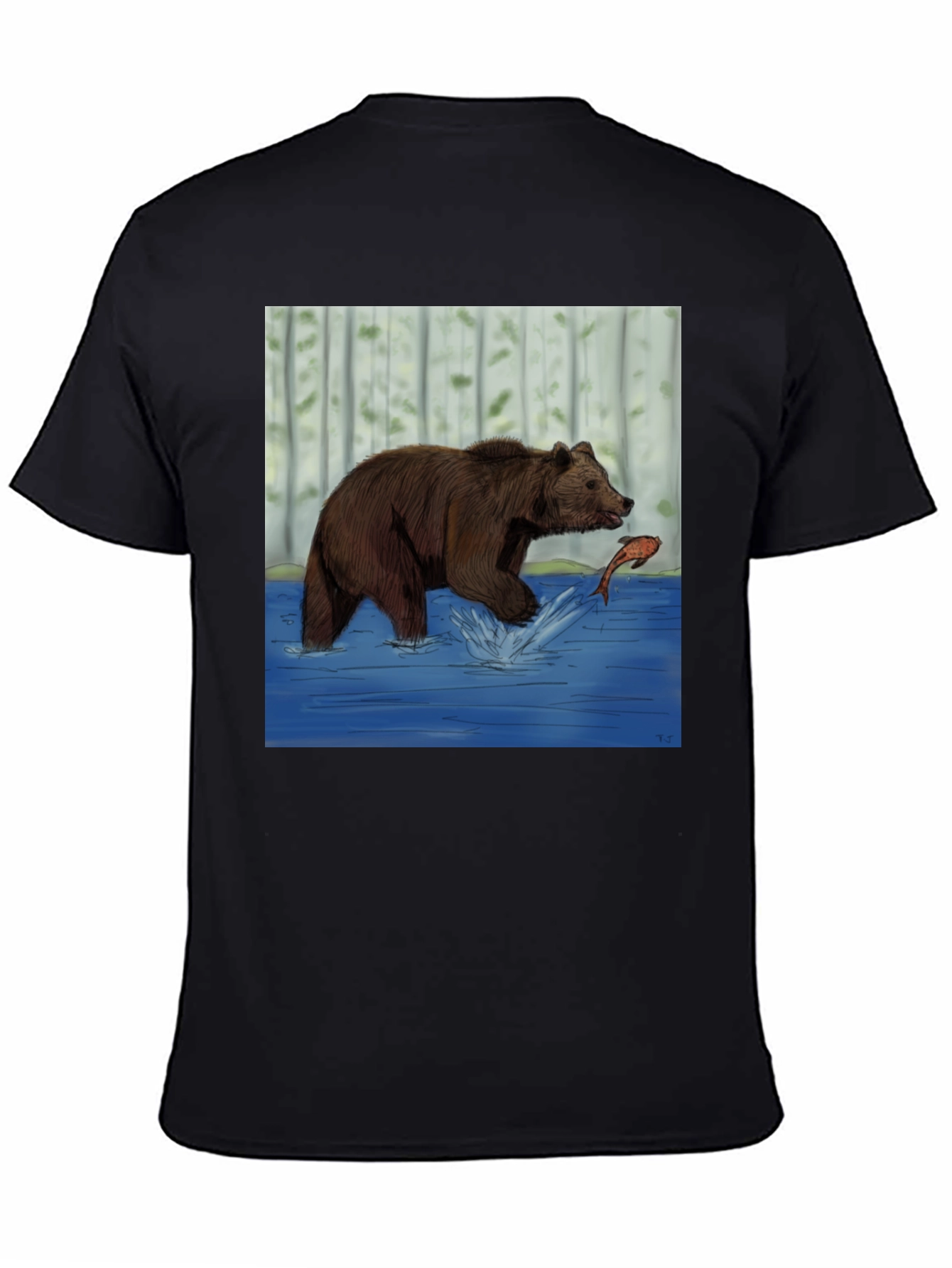 Bear and Fish Graphic Tee - Black Cotton Blend