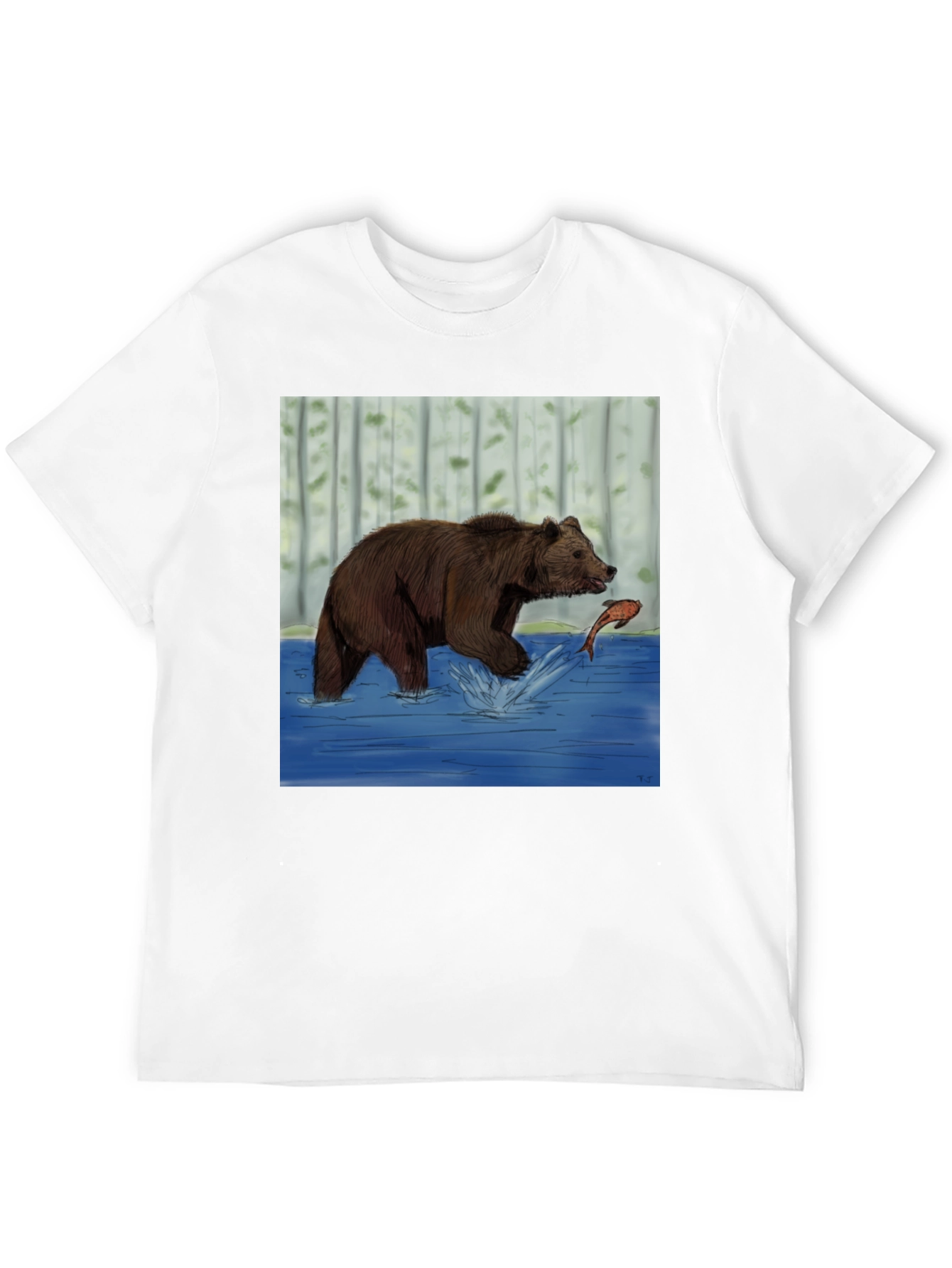 Bear and Fish Graphic Tee - Black Cotton Blend