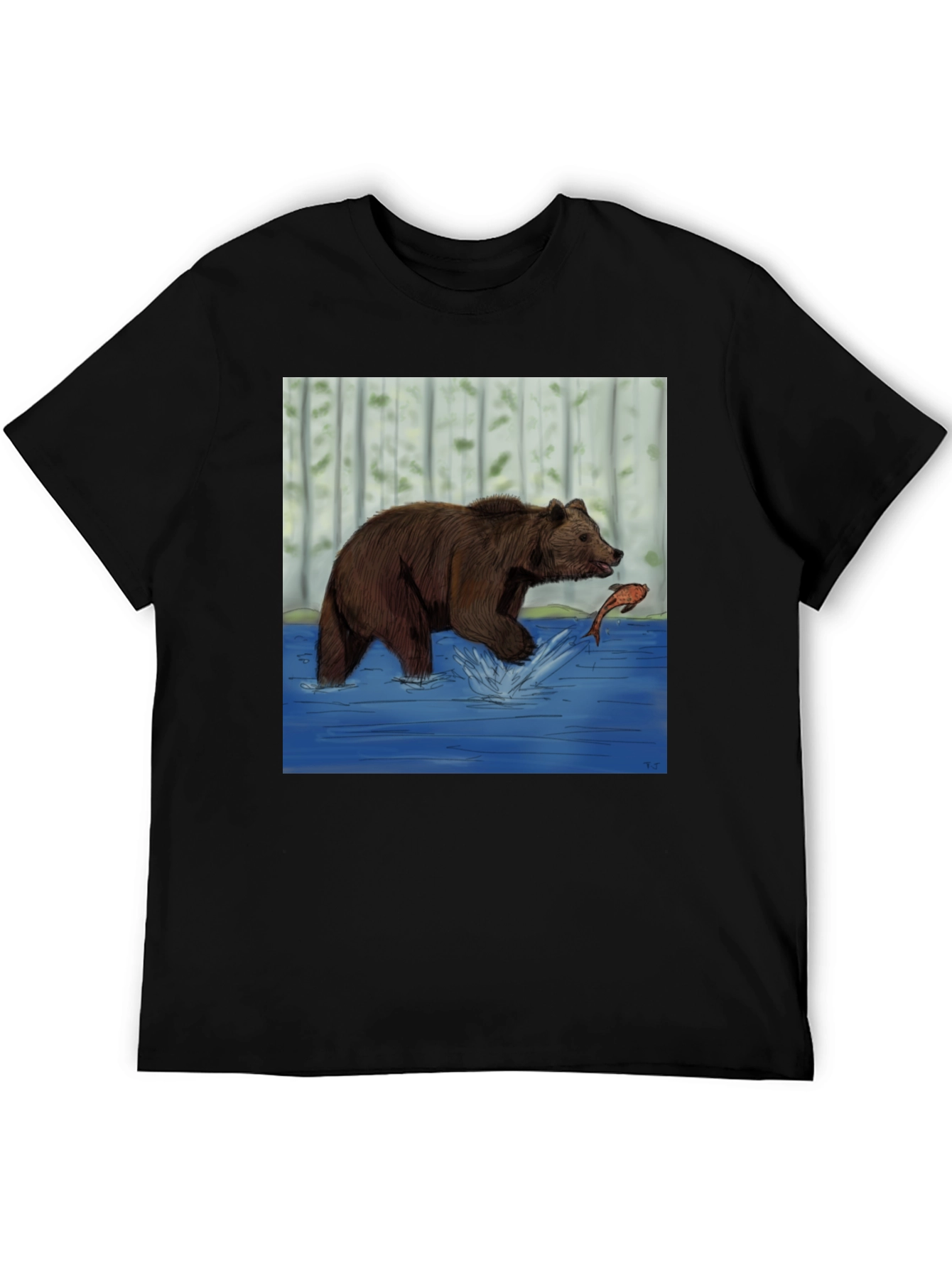 Bear and Fish Graphic Tee - Black Cotton Blend