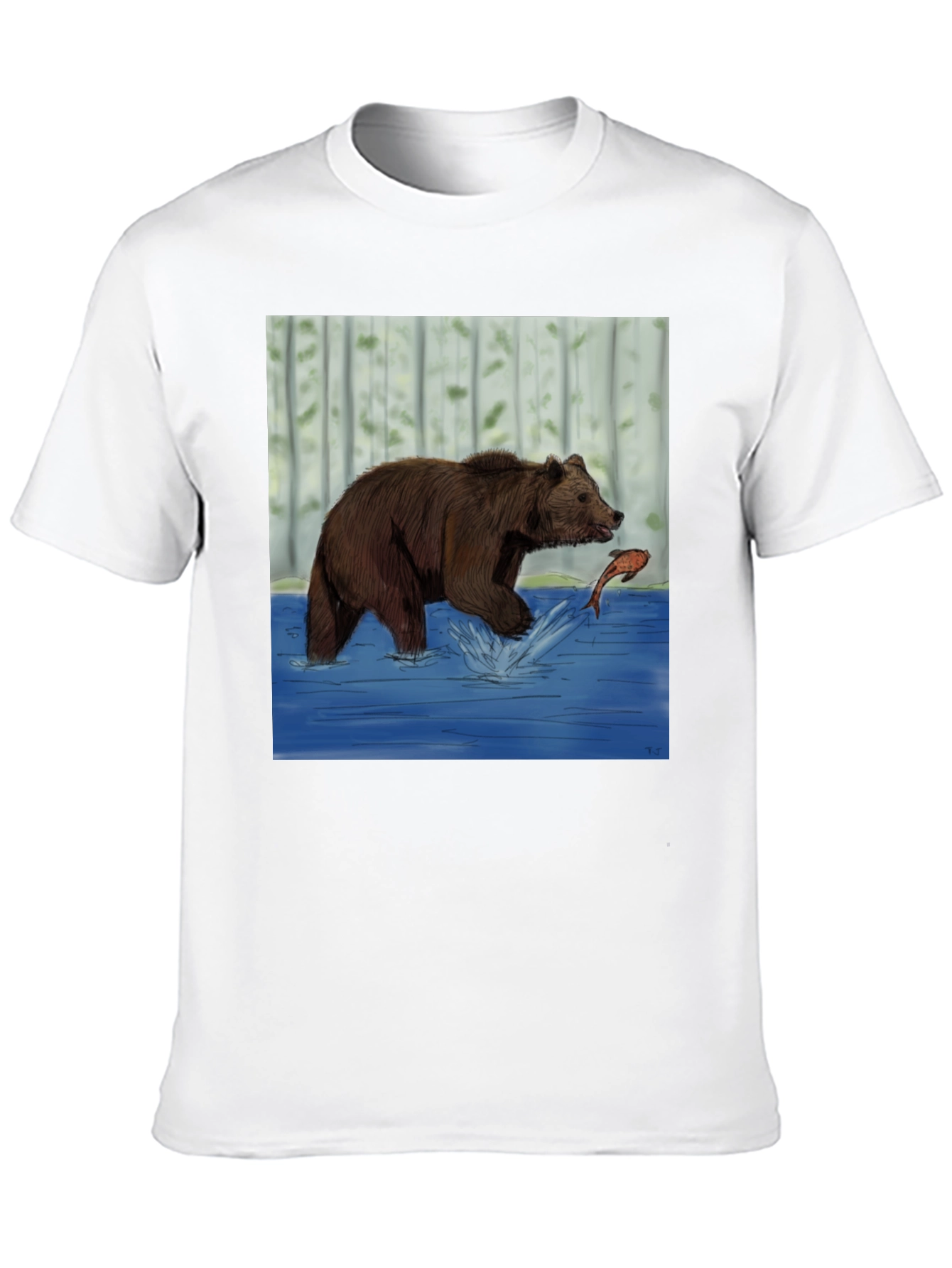 Bear and Fish Graphic Tee - Black Cotton Blend