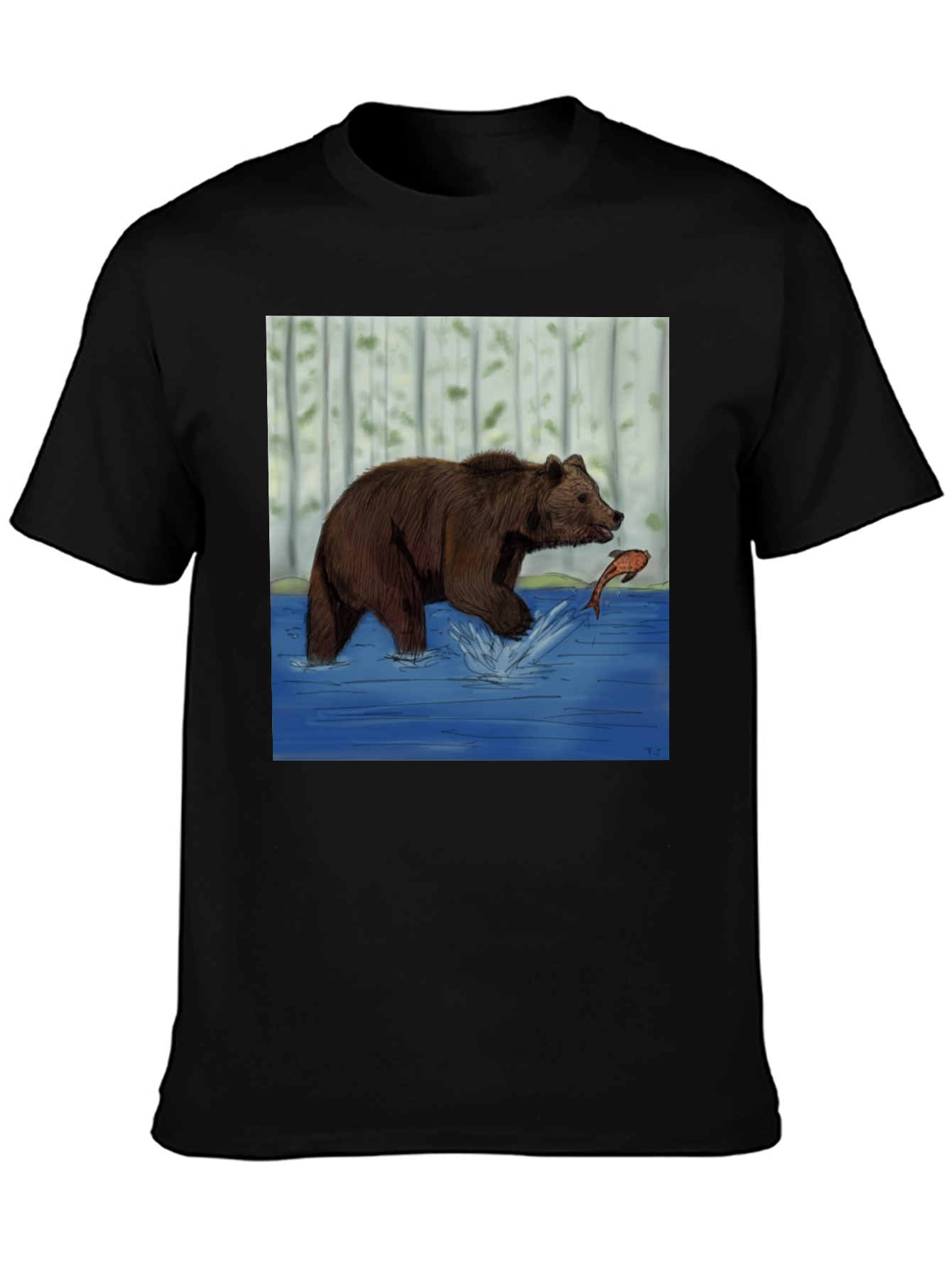 Bear and Fish Graphic Tee - Black Cotton Blend