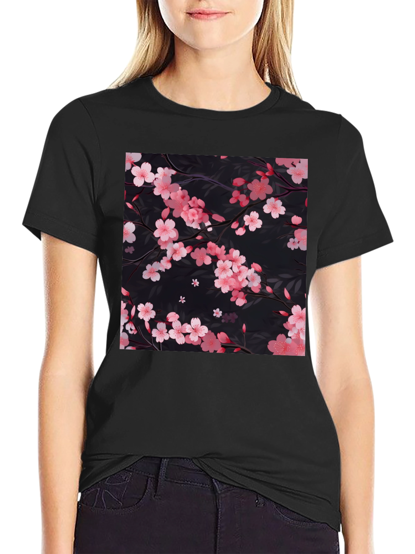 Cherry Blossom Print Black T-Shirt