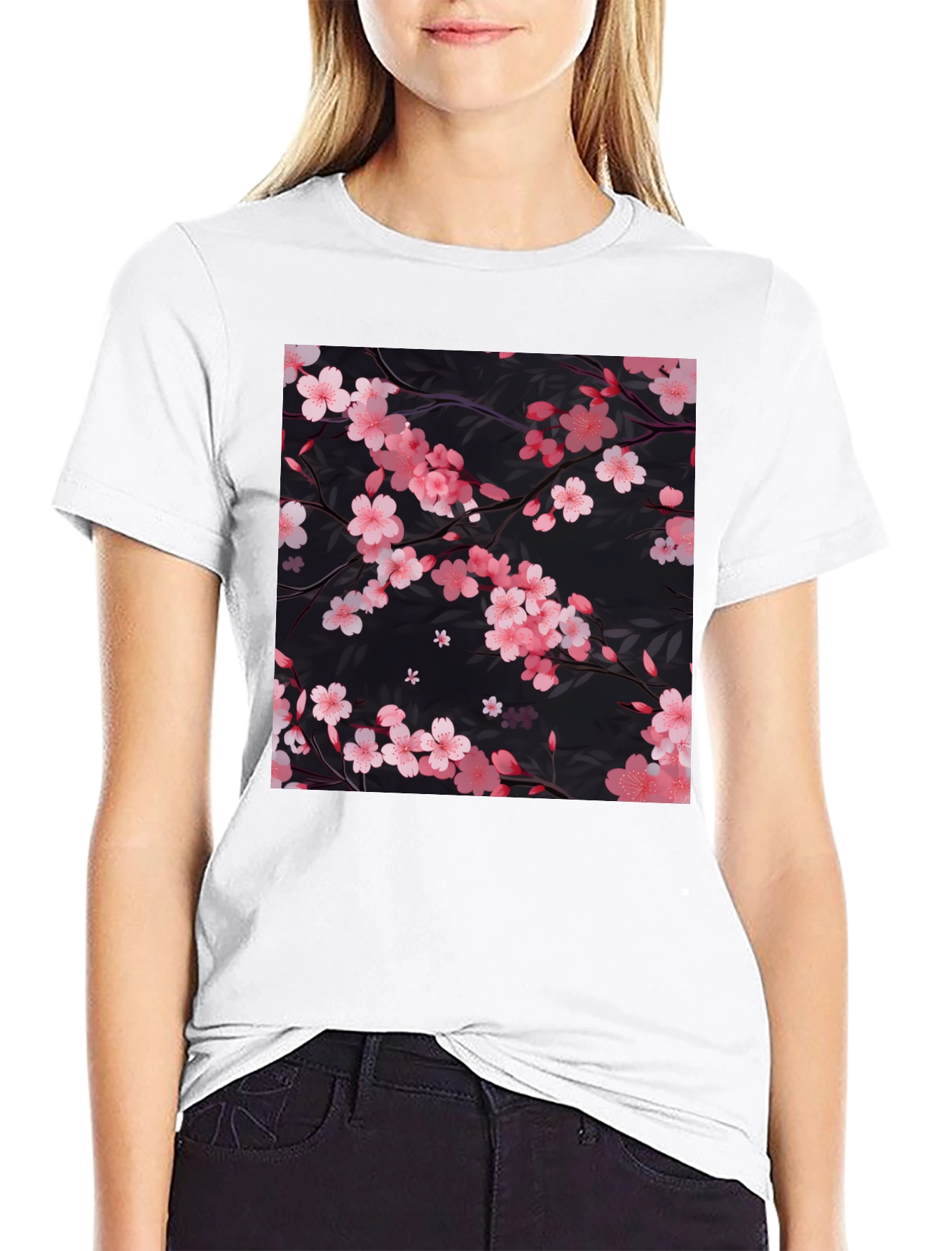 Cherry Blossom Print Black T-Shirt