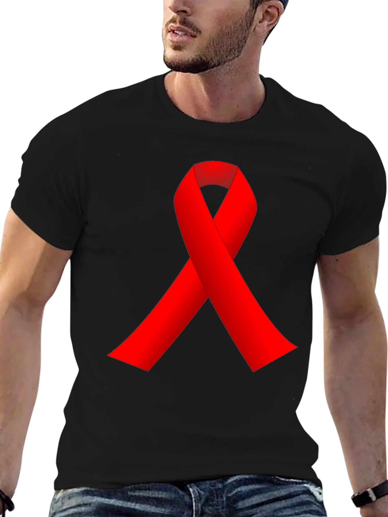 Red Ribbon Black T-Shirt - AIDS Awareness