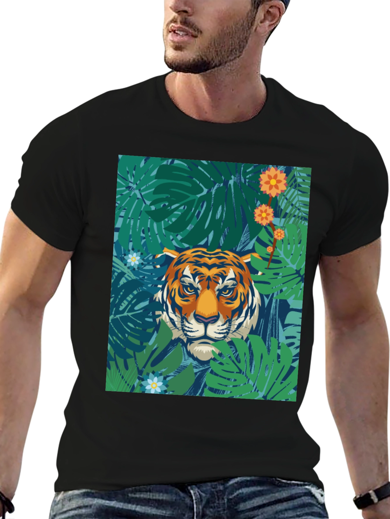 Jungle Tiger Graphic Tee - Black Cotton T-Shirt