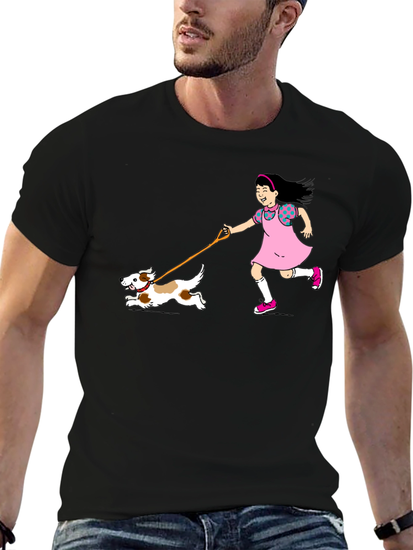 Girl and Dog Black T-Shirt - Fun Cartoon Design