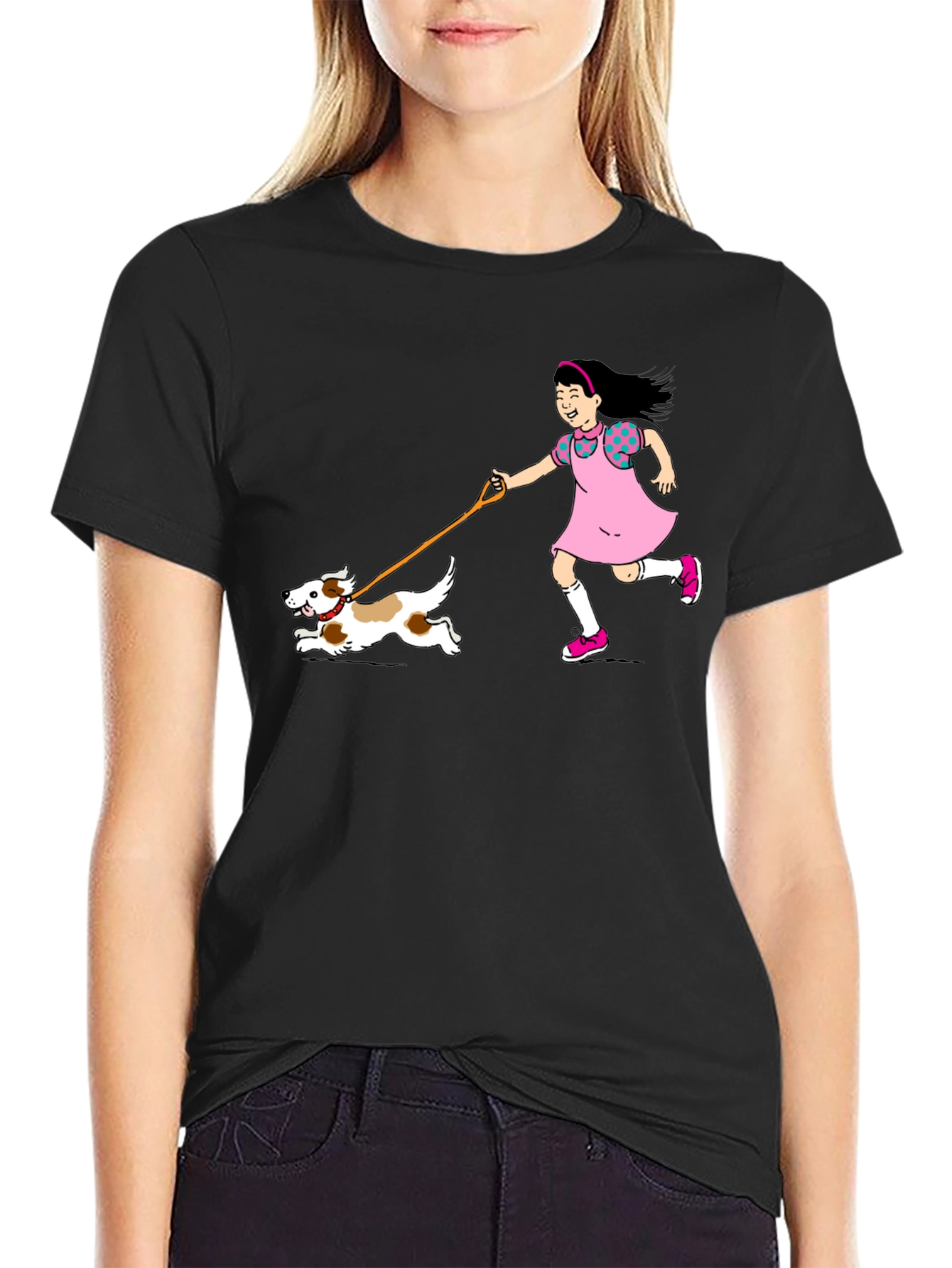 Girl and Dog Black T-Shirt - Fun Cartoon Design