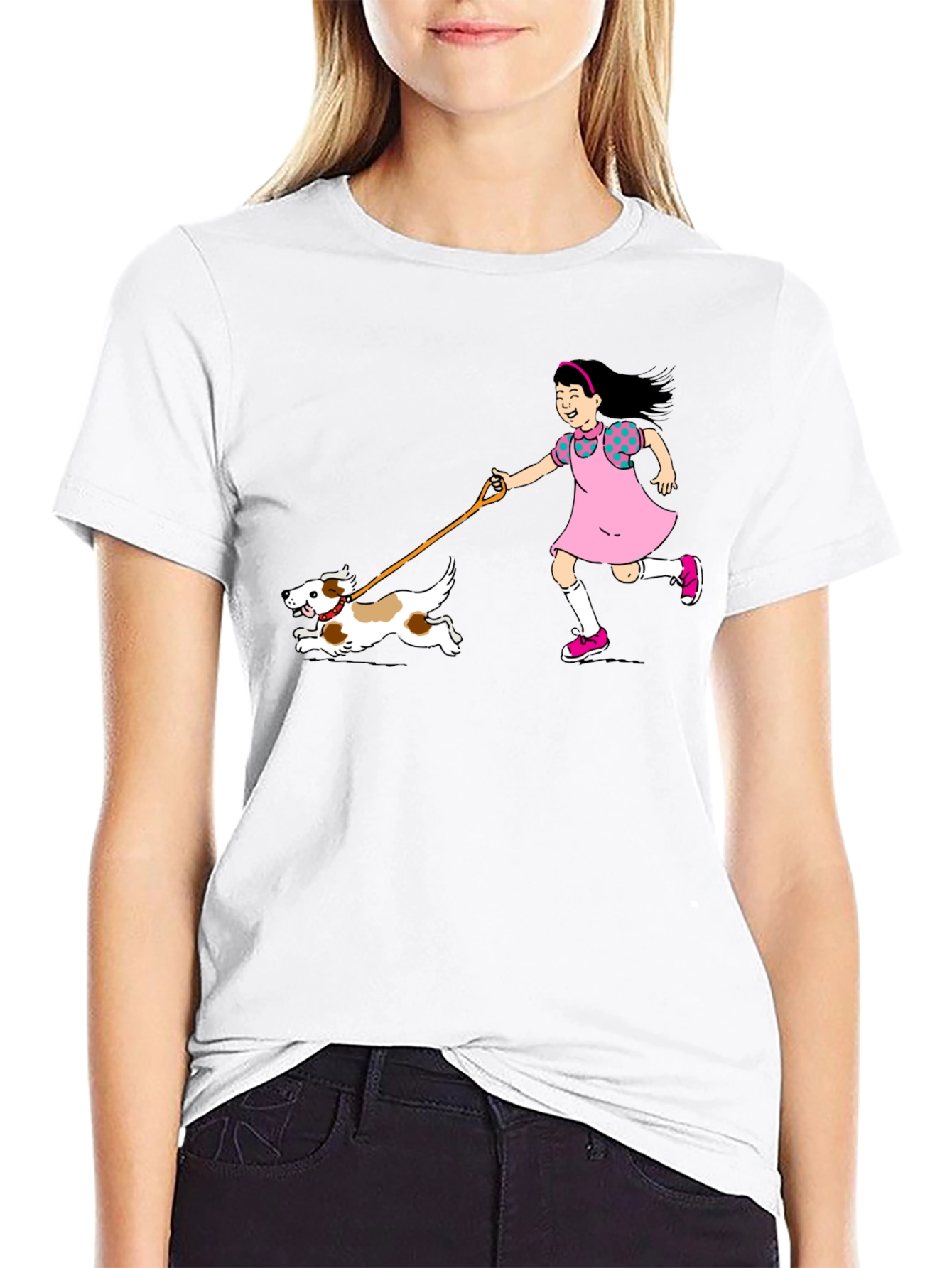 Girl and Dog Black T-Shirt - Fun Cartoon Design