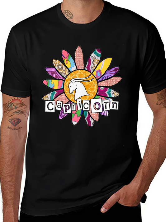 Capricorn Zodiac Graphic Tee - Funky Flower Design