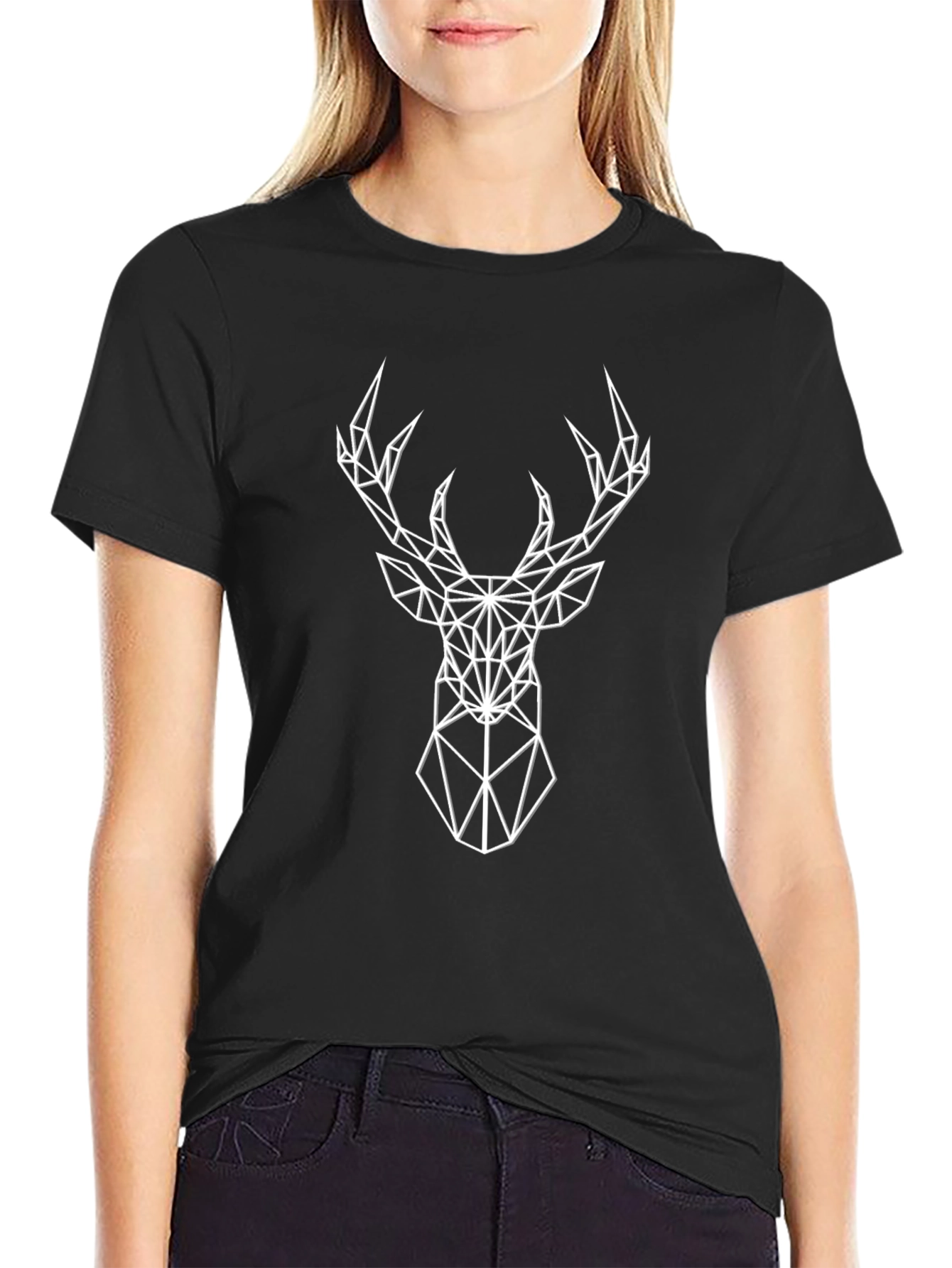 Geometric Deer Head Graphic Tee - Black