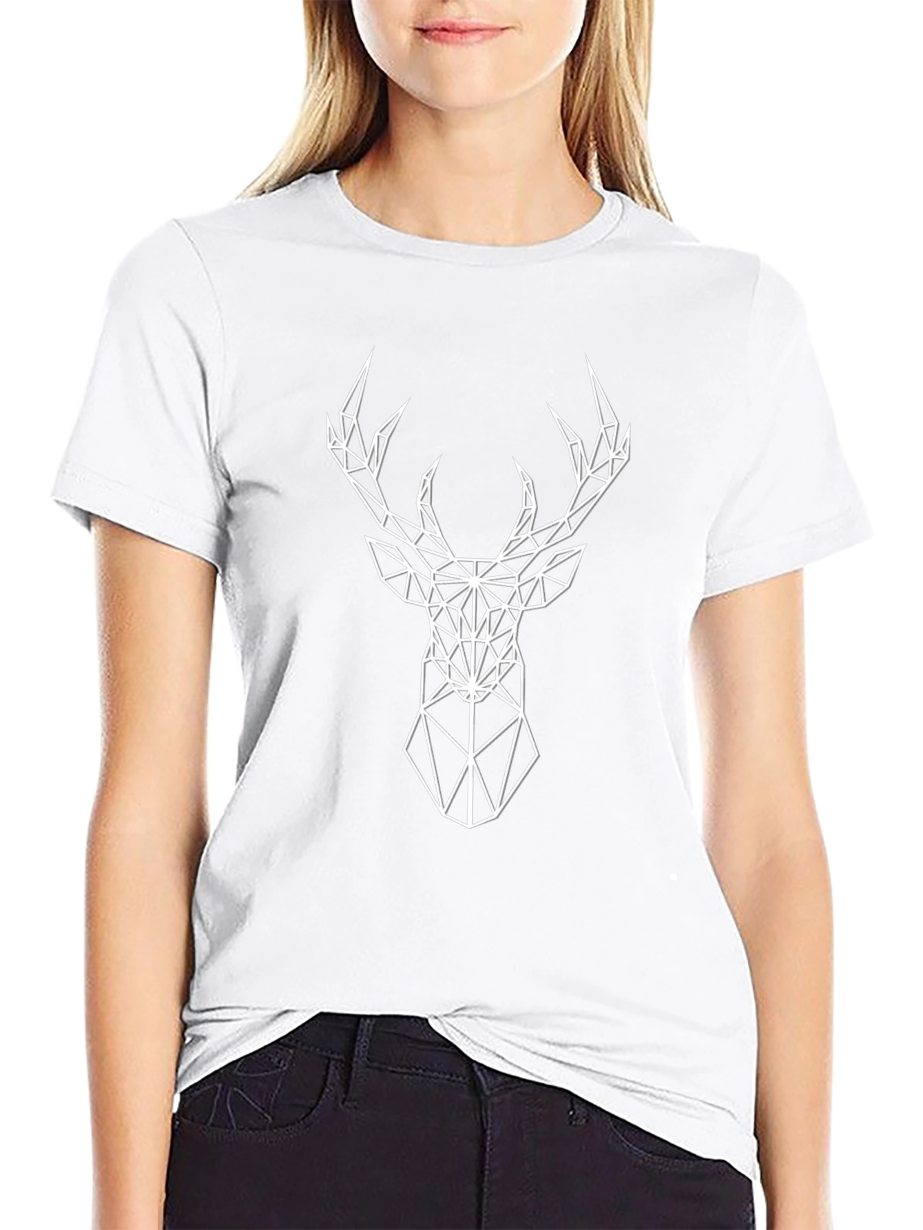 Geometric Deer Head Graphic Tee - Black