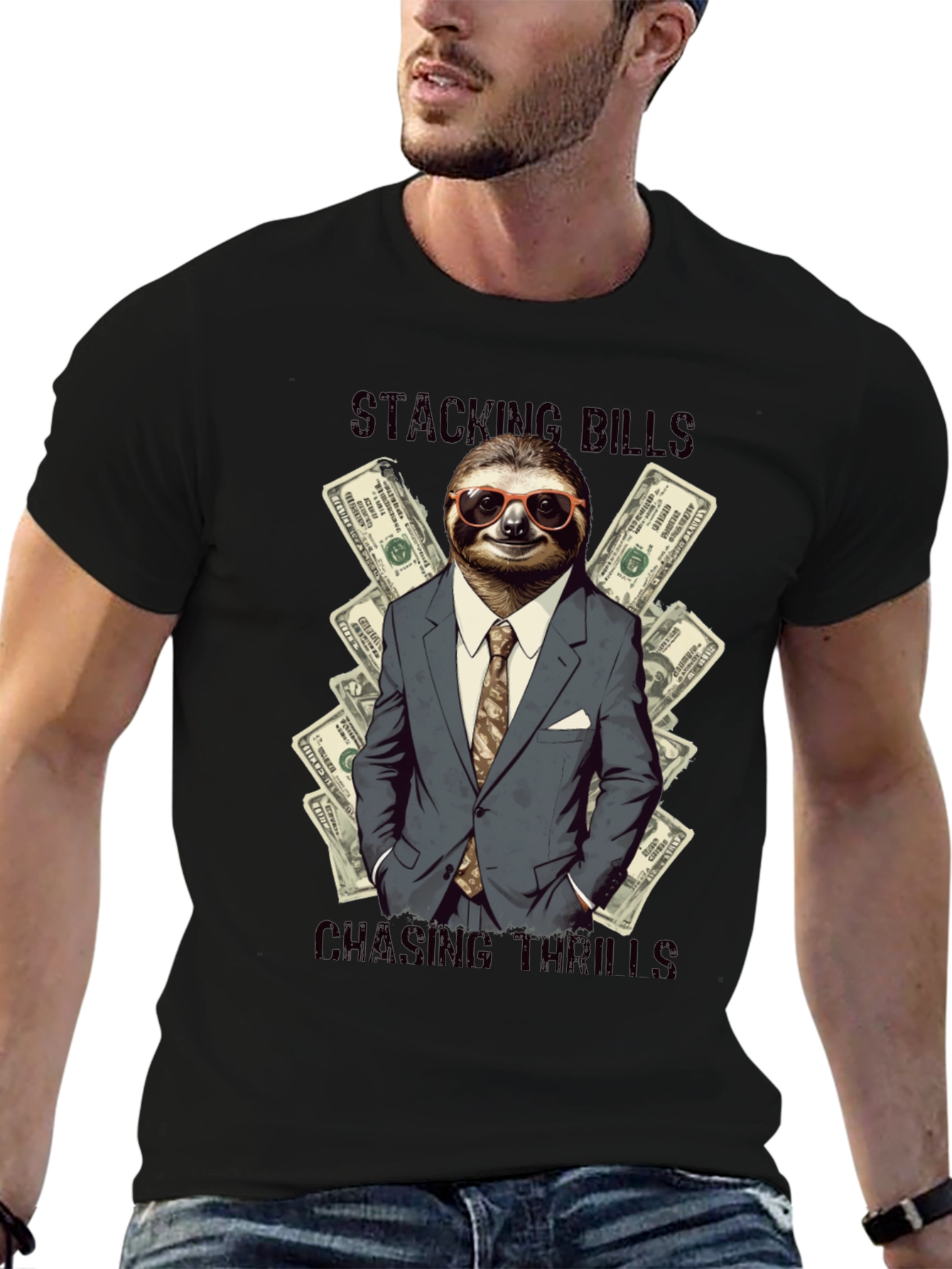 Stacking Bills Sloth Graphic T-Shirt