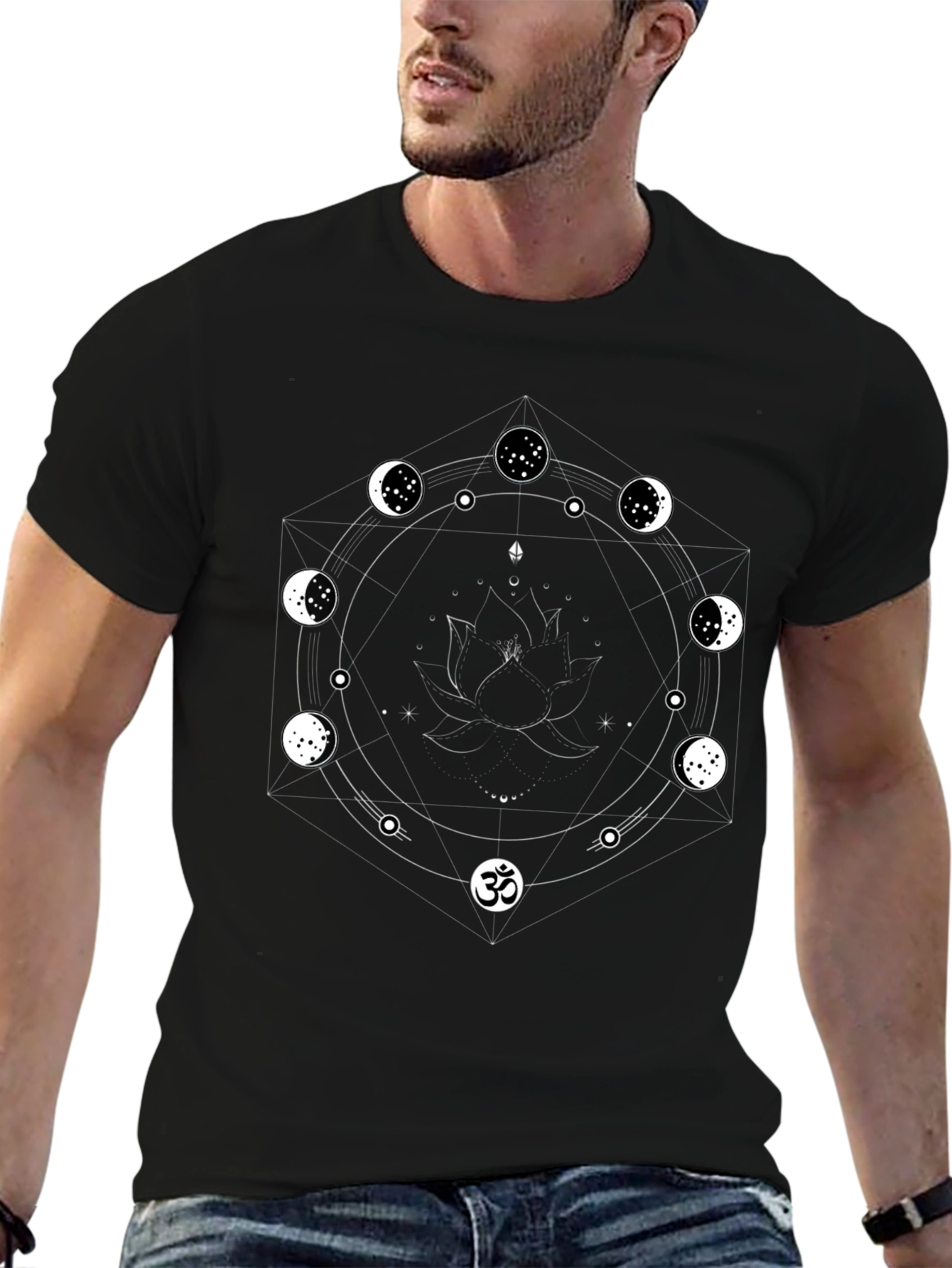 Mystic Moon Phase Lotus Mens Black T-Shirt