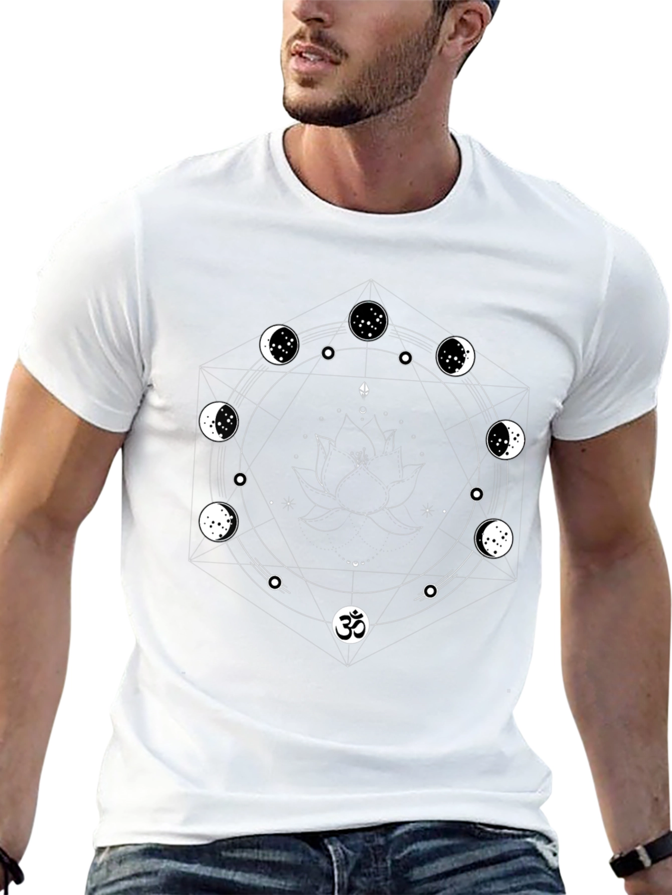 Mystic Moon Phase Lotus Mens Black T-Shirt
