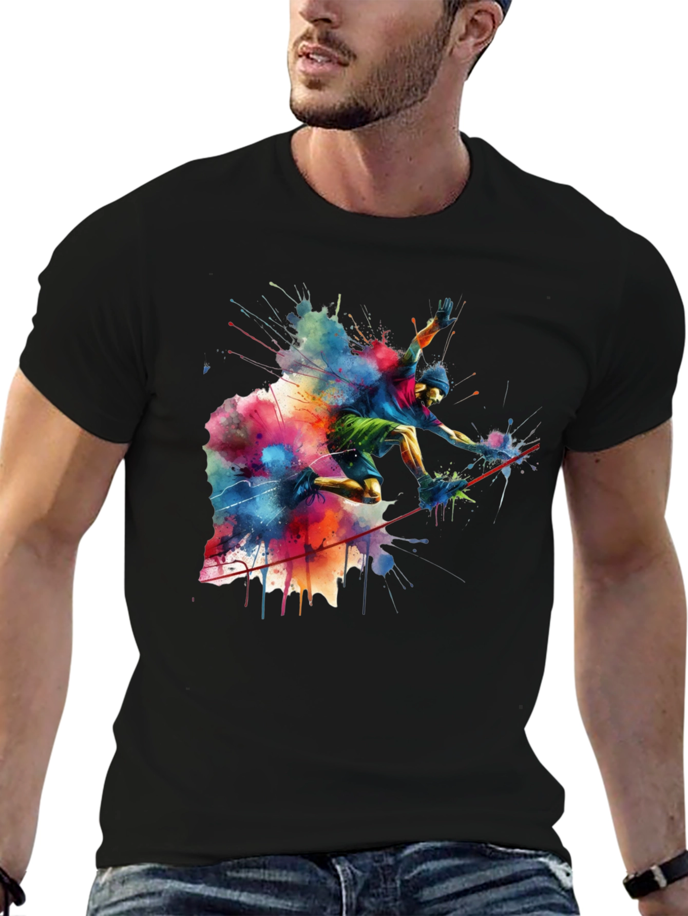 Vibrant Slackliner Graphic Tee - Mens Black Cotton T-Shirt
