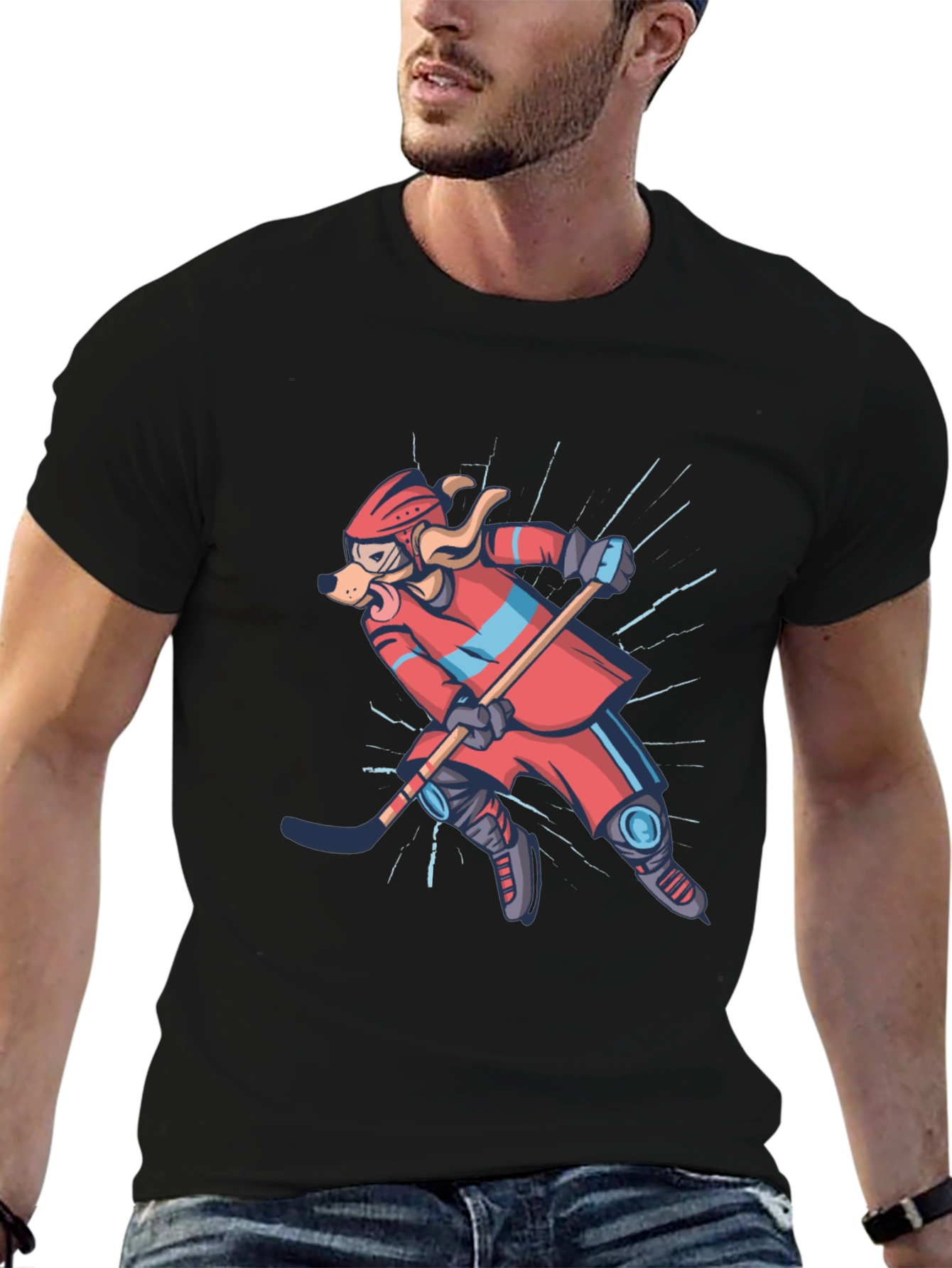 Dog Hockey Player Graphic T-Shirt