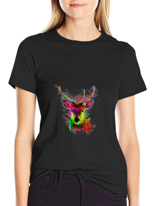 Colorful Deer Head Graphic Print Black T-Shirt
