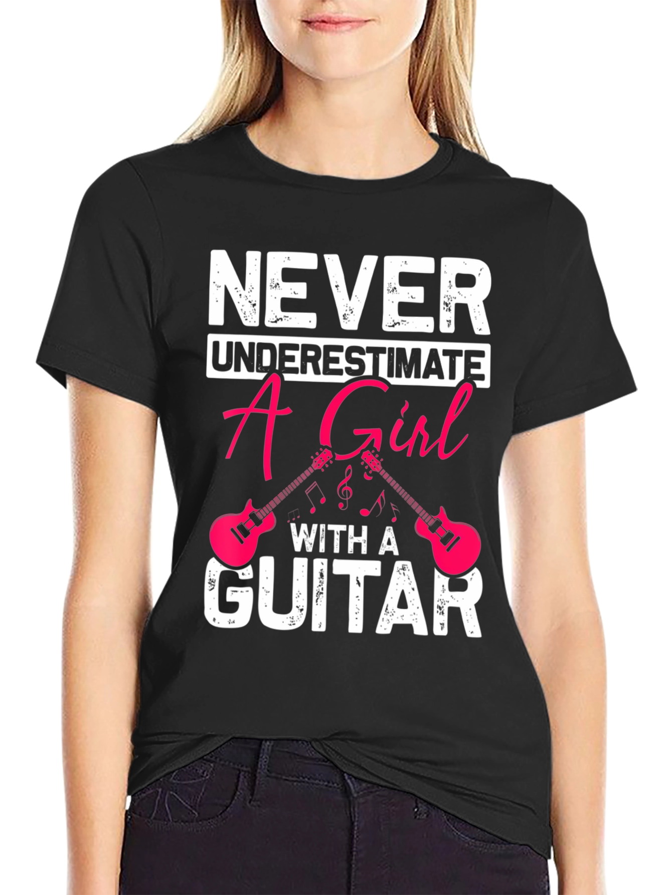 Never Underestimate A Girl With A Guitar Black T-Shirt