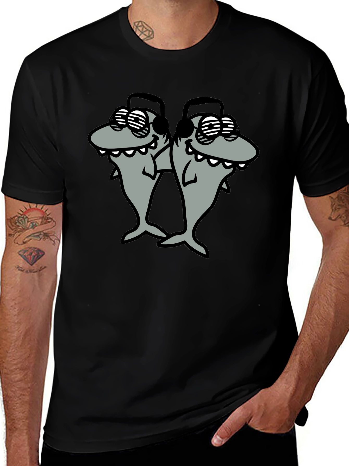 Shark DJ Black T-Shirt - Cool Cartoon Graphic Tee