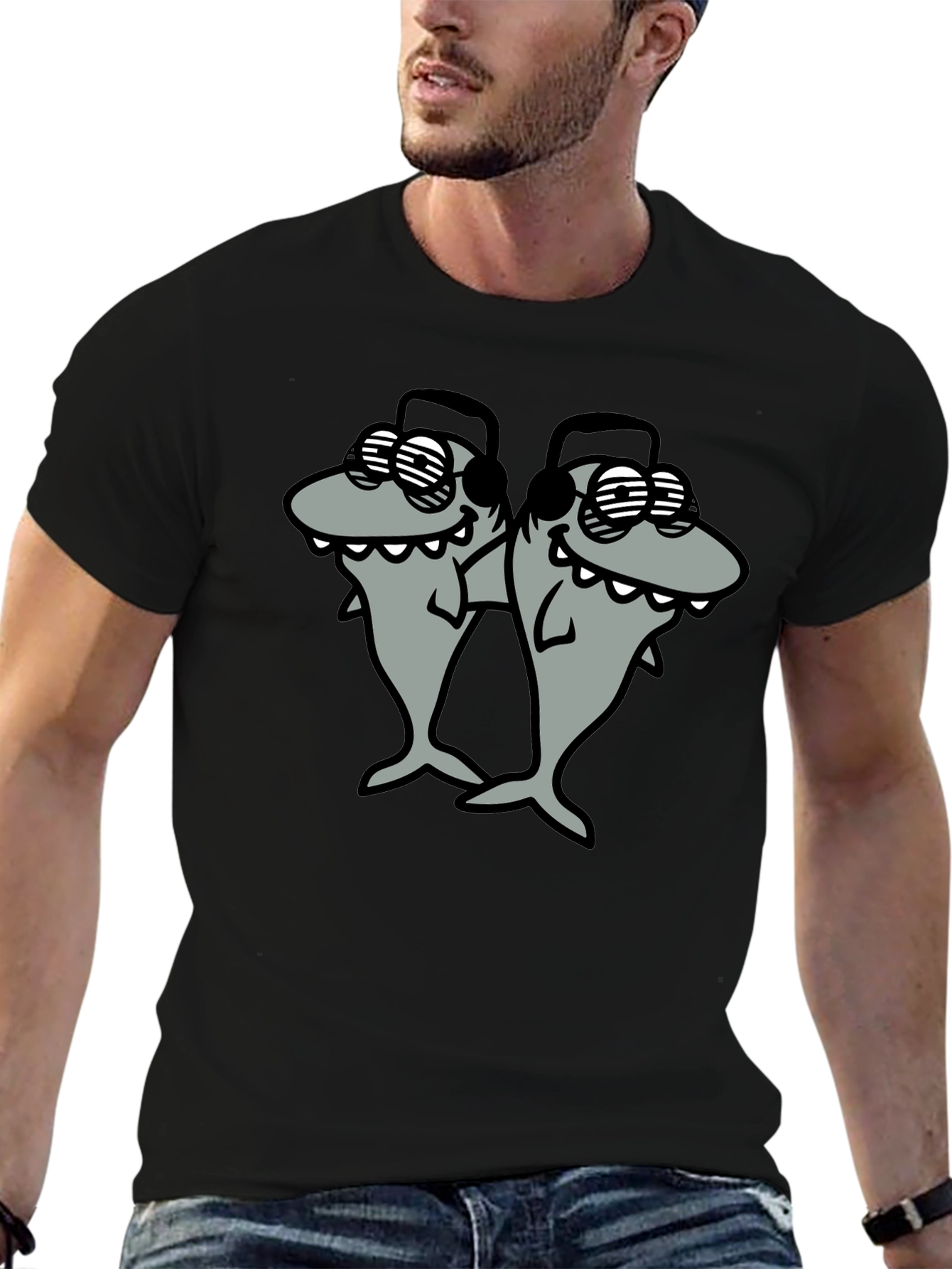 Shark DJ Black T-Shirt - Cool Cartoon Graphic Tee
