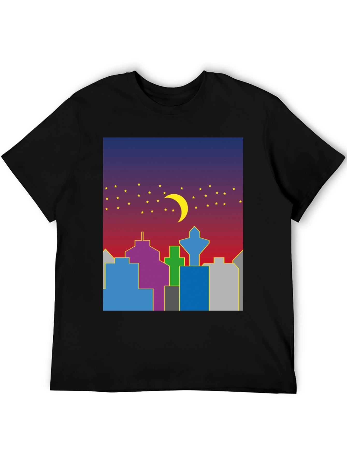 Cityscape Moon Graphic Tee - Cool Night Sky Design