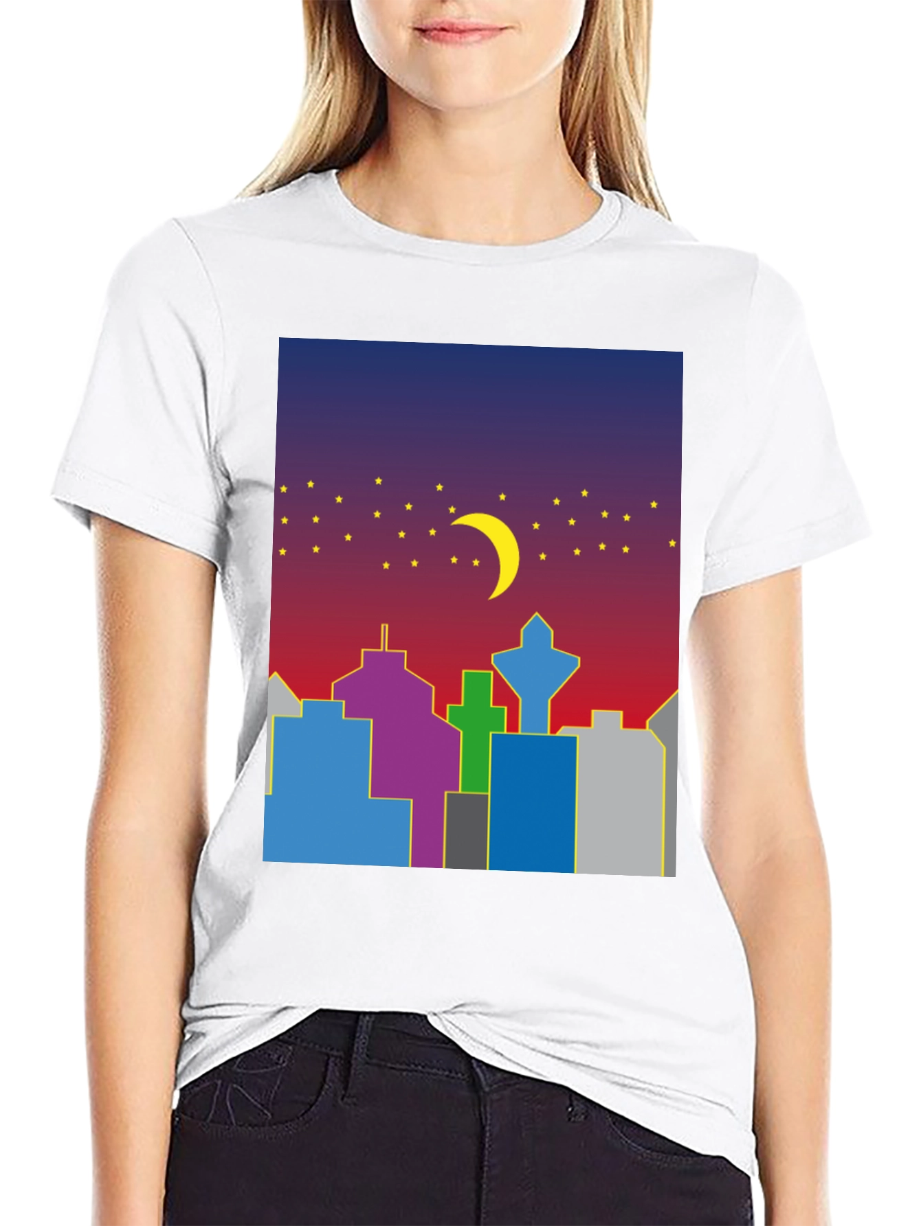 Cityscape Moon Graphic Tee - Cool Night Sky Design