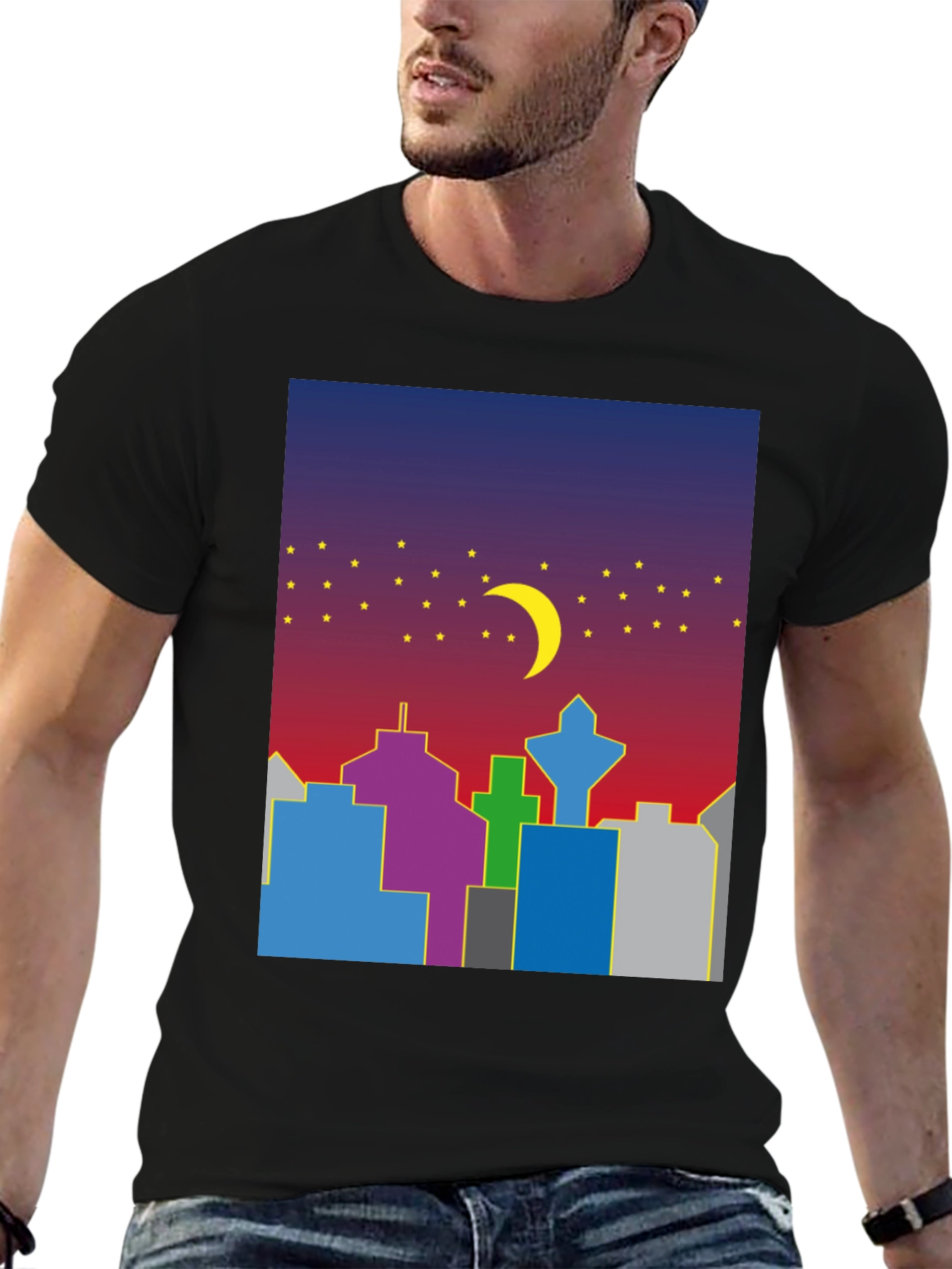Cityscape Moon Graphic Tee - Cool Night Sky Design