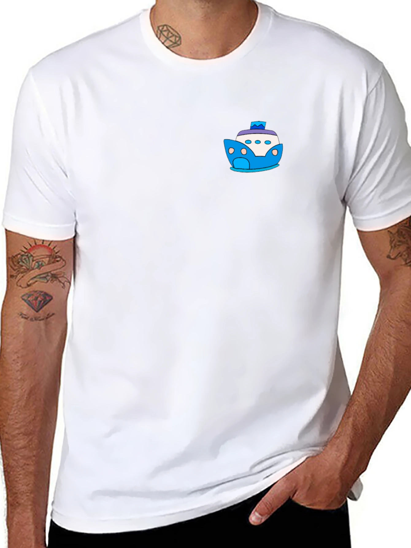 Black T-Shirt with Cartoon Boat Graphic