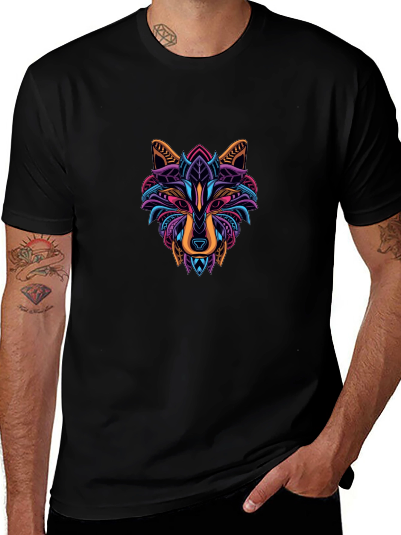 Abstract Geometric Wolf Graphic Tee - Black