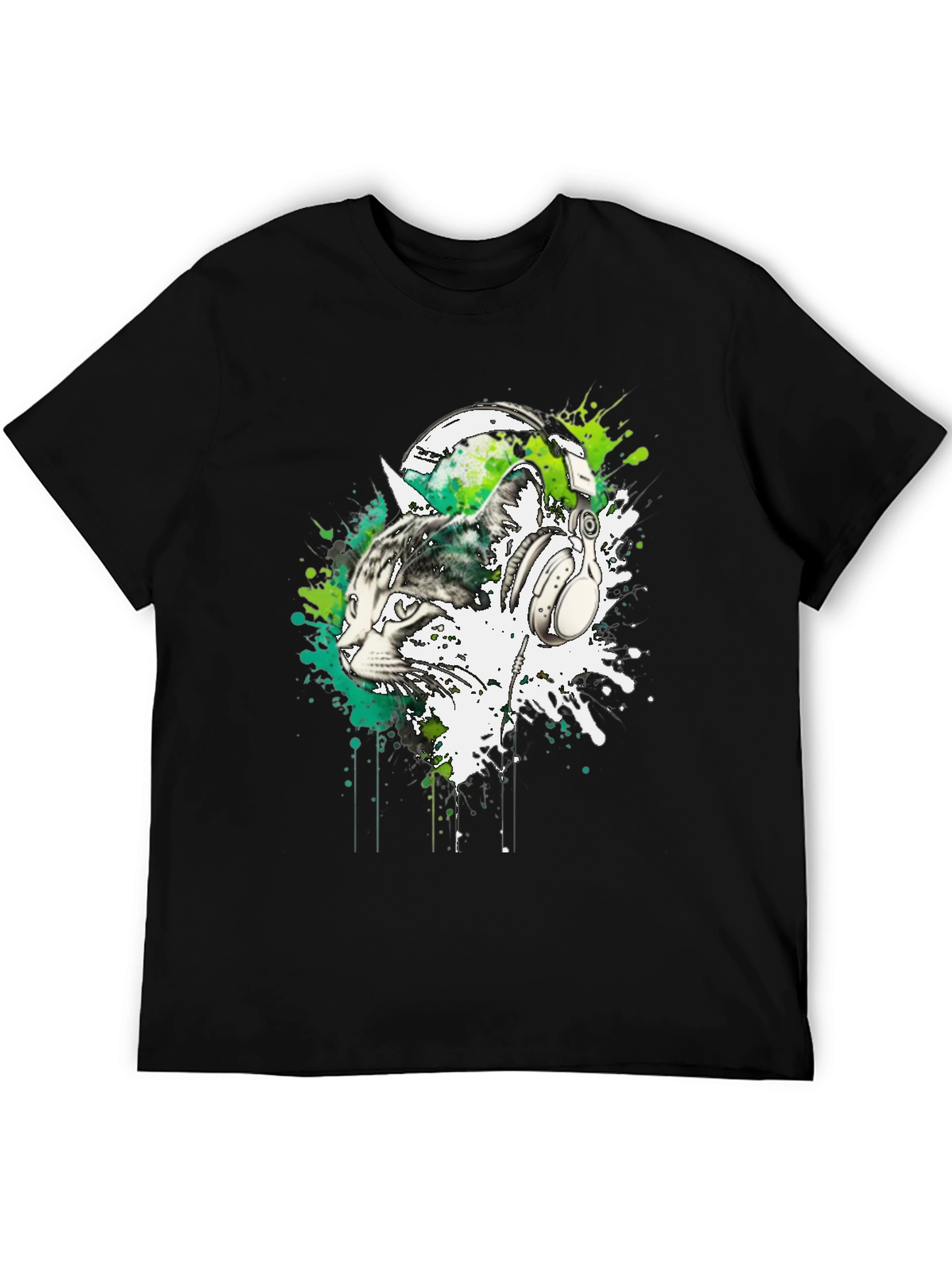 Cat DJ Graphic Tee - Black Cotton Blend