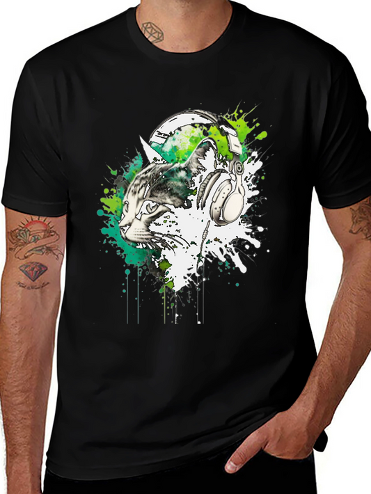 Cat DJ Graphic Tee - Black Cotton Blend
