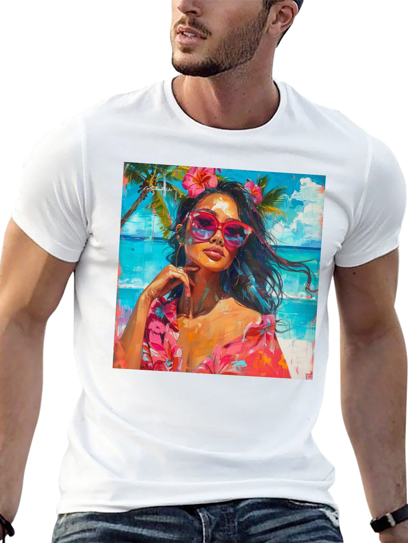 Tropical Beach Woman Graphic Print Black T-Shirt