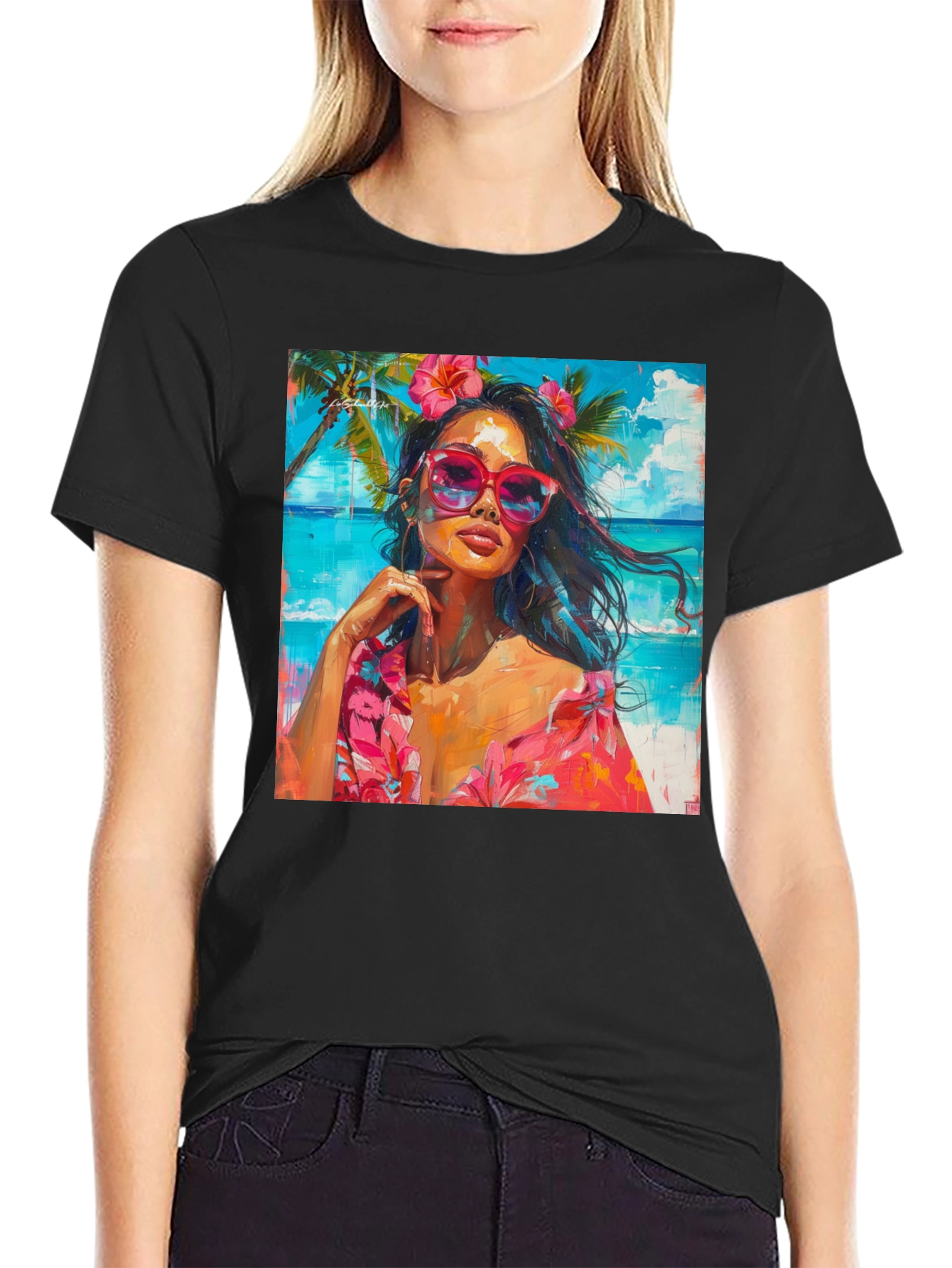 Tropical Beach Woman Graphic Print Black T-Shirt