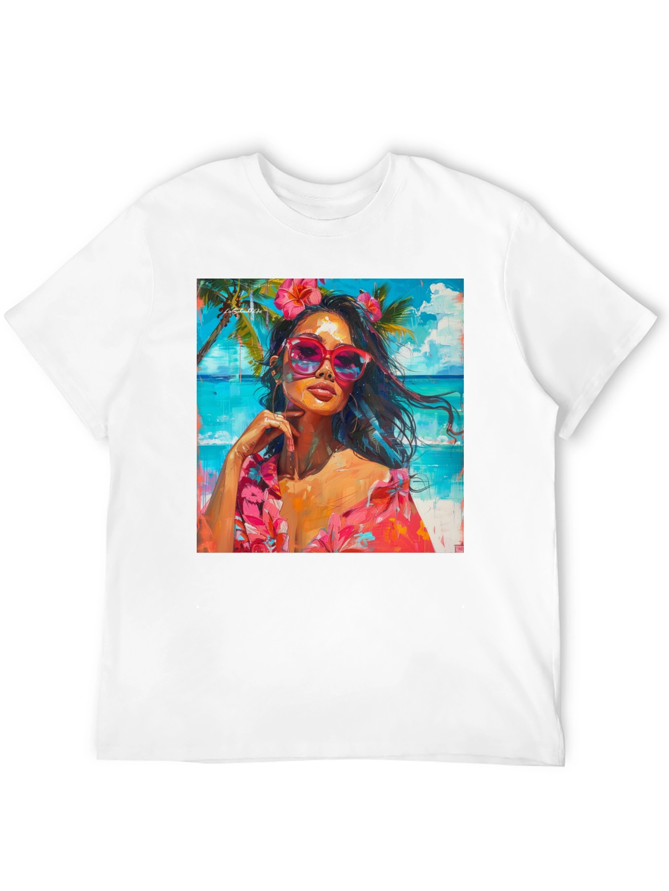 Tropical Beach Woman Graphic Print Black T-Shirt