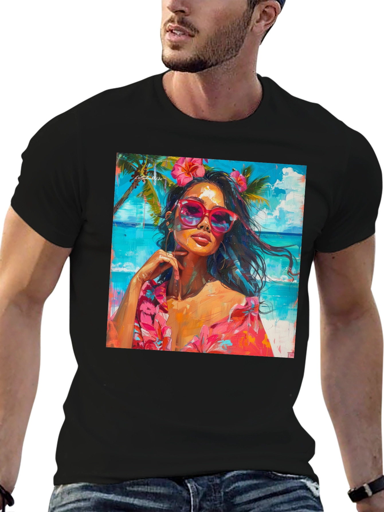 Tropical Beach Woman Graphic Print Black T-Shirt