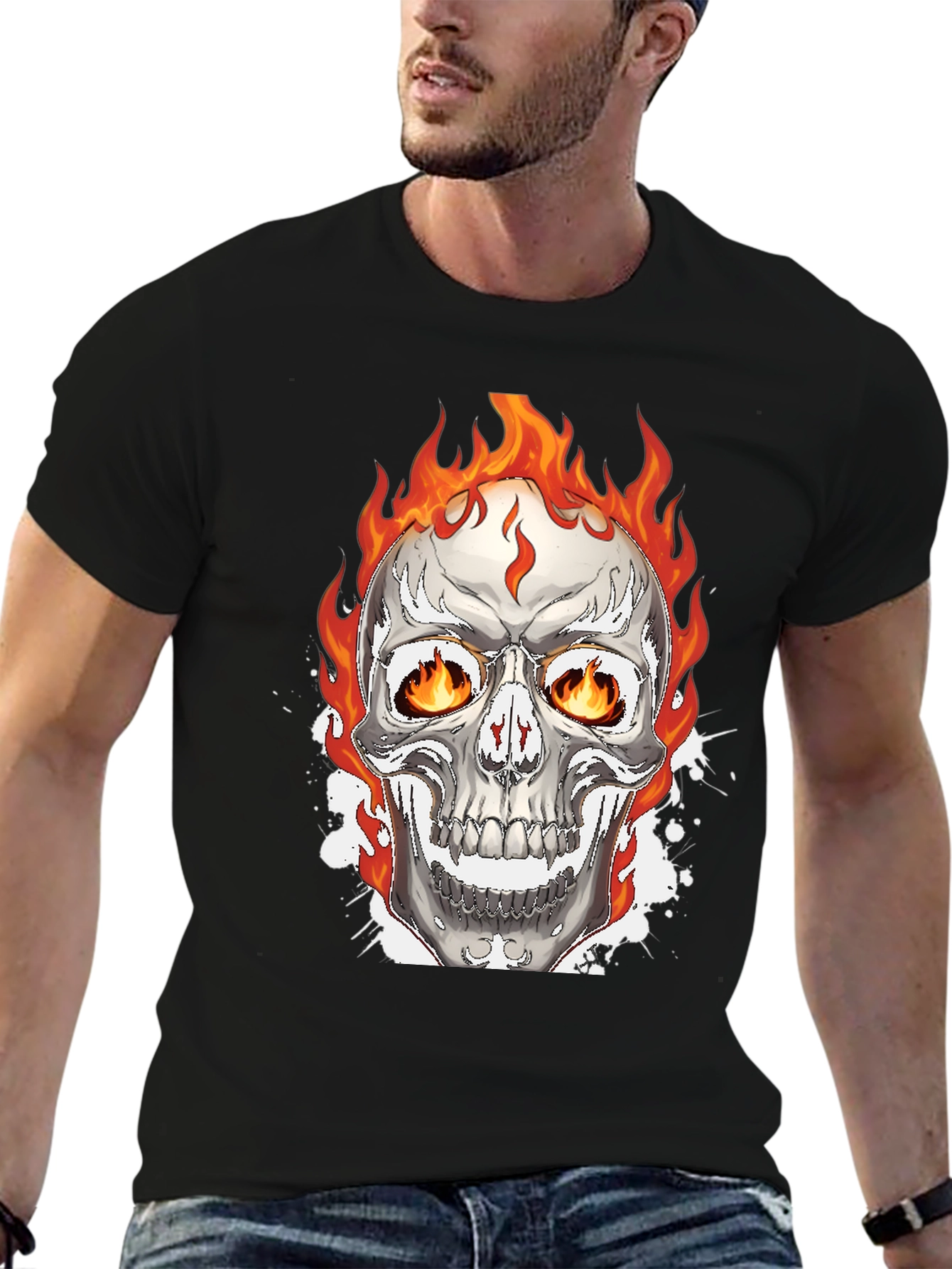 Flaming Skull Graphic Tee - Black