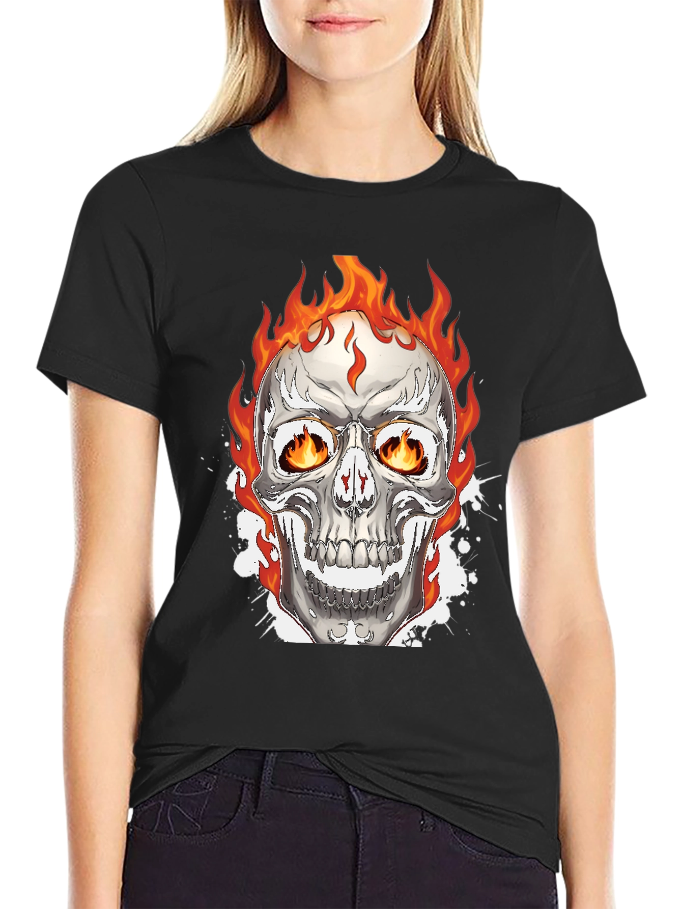 Flaming Skull Graphic Tee - Black