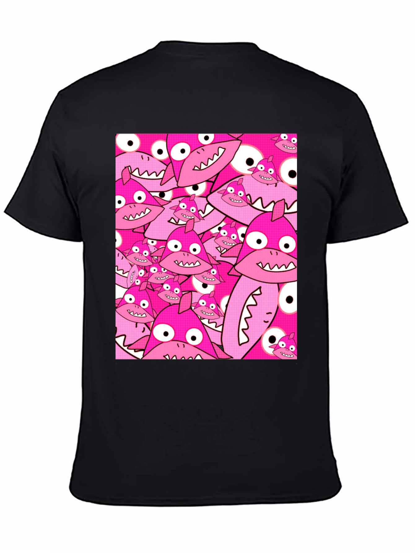 Pink Shark Pattern Black T-Shirt