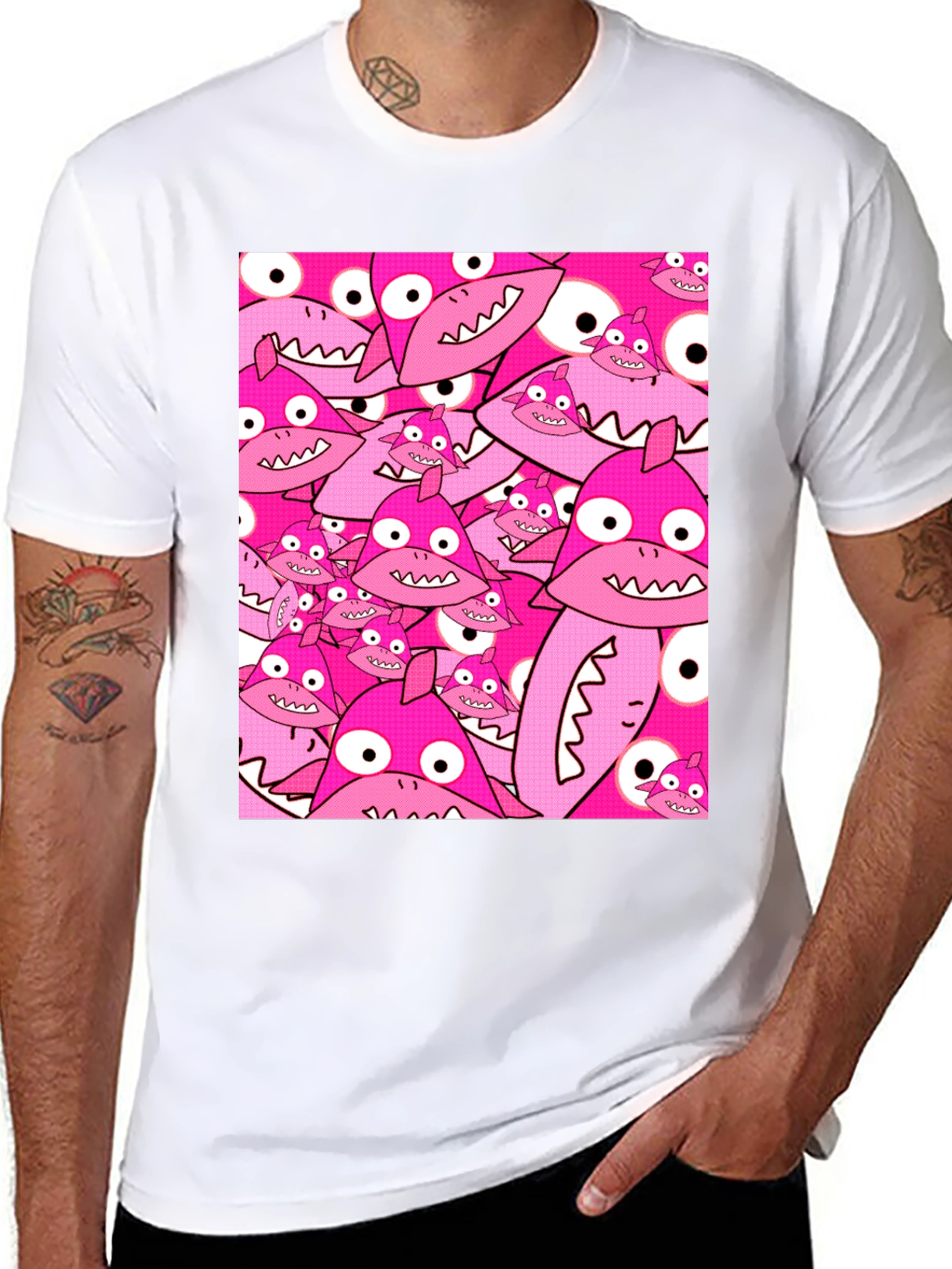 Pink Shark Pattern Black T-Shirt