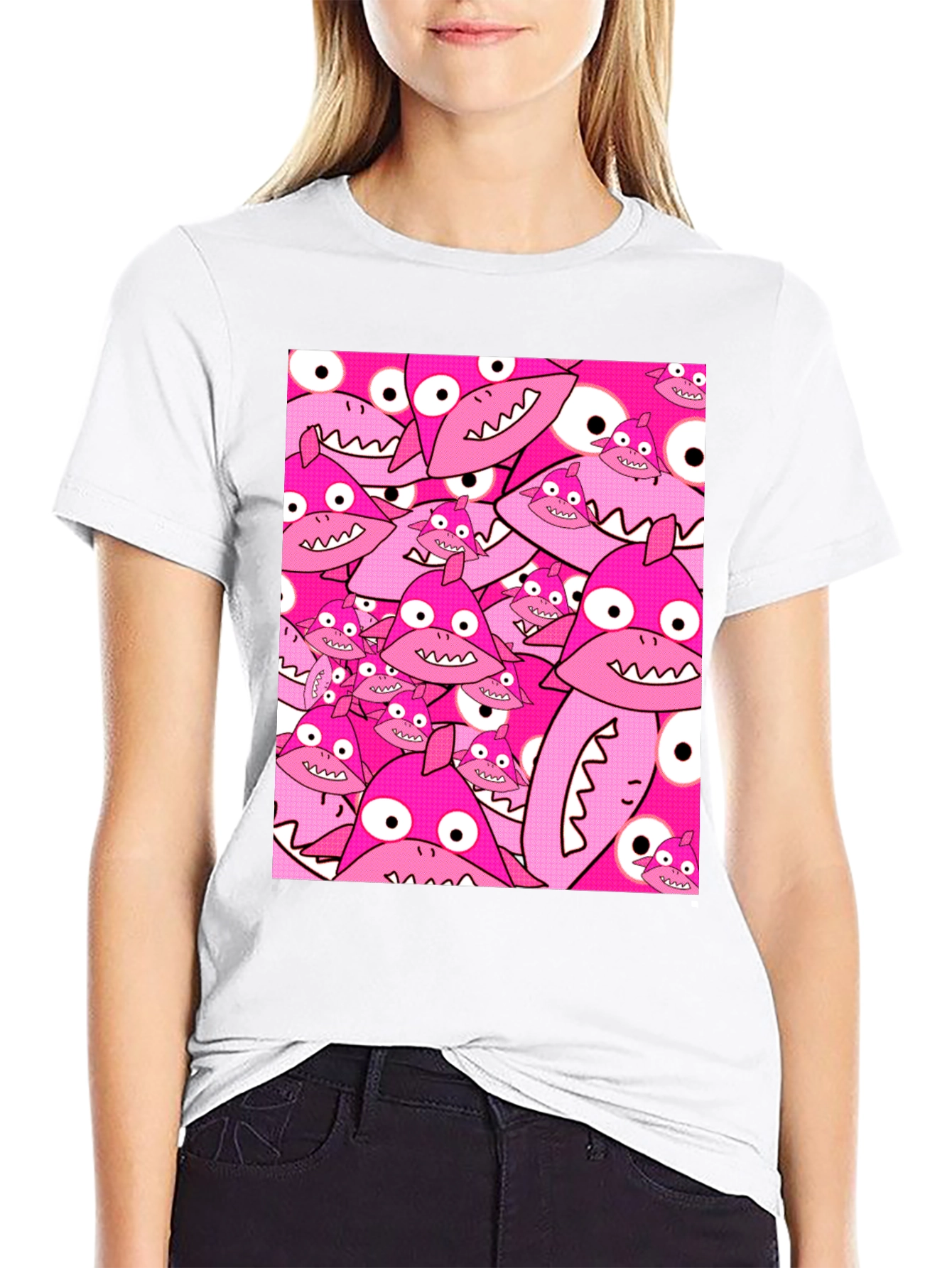 Pink Shark Pattern Black T-Shirt